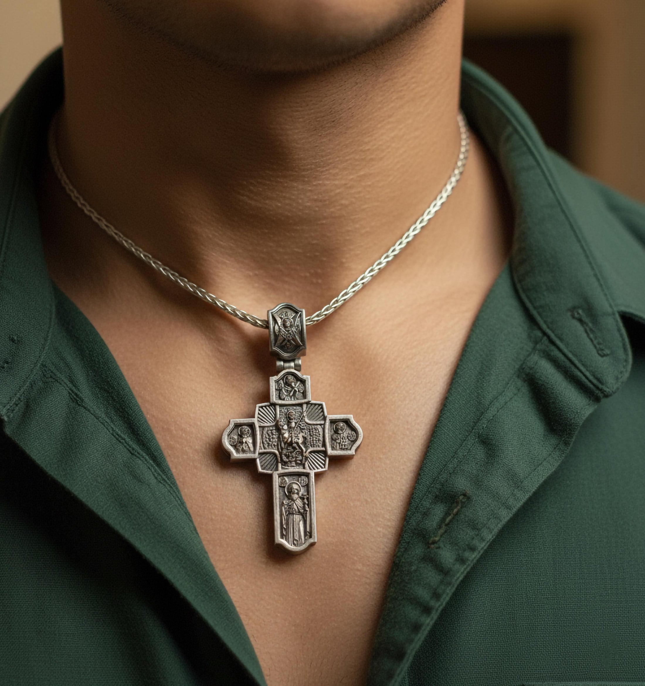 Orthodox Cross Pendant – 925 Sterling Silver Jesus and Archangel Necklace, Christian Faith Jewelry for Men