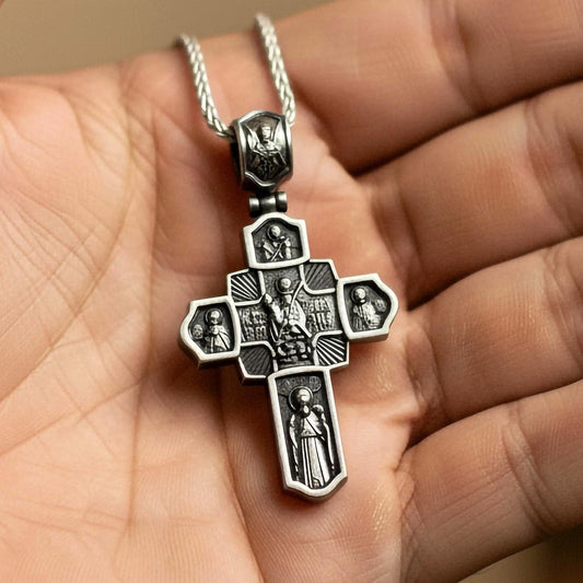 Orthodox Cross Pendant – 925 Sterling Silver Jesus and Archangel Necklace, Christian Faith Jewelry for Men