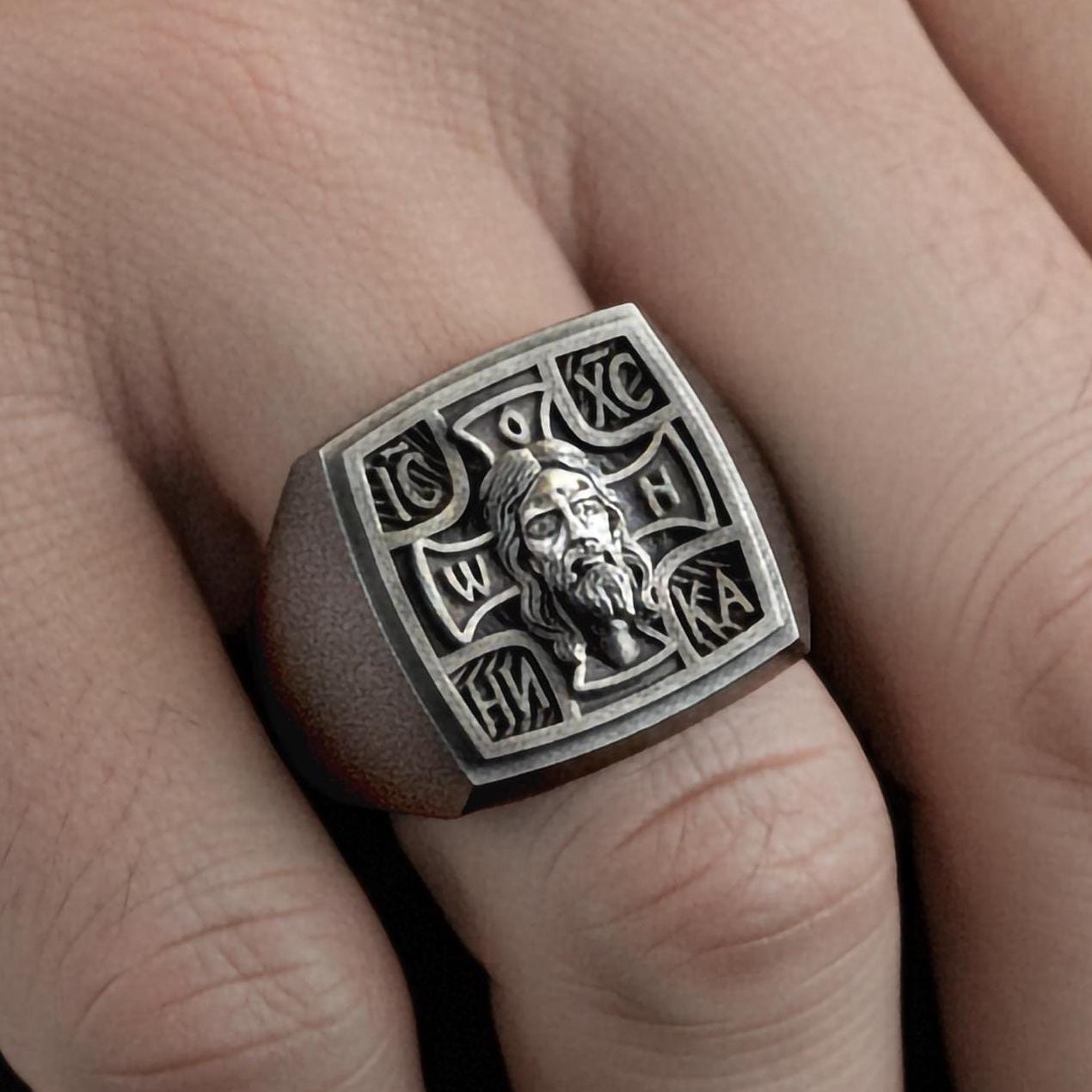 Christ Pantocrator Signet Ring – 925 Silver Orthodox Jesus Christ Ring, Christian Faith Jewelry for Men