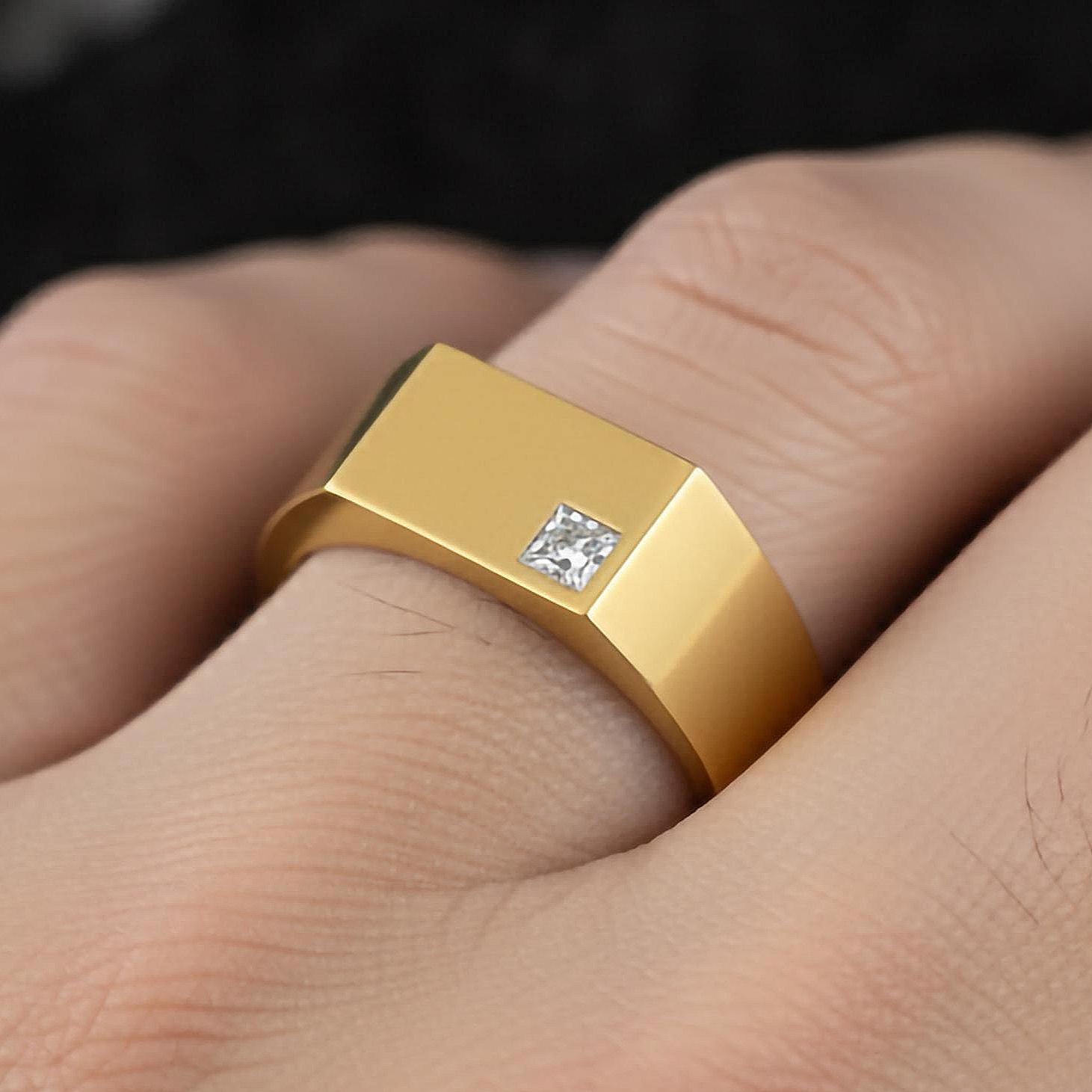 Minimalist Square Gemstone Ring – Modern 925 Silver or Solid Gold & Rose Gold Band, Contemporary Mens or Womens Jewelry