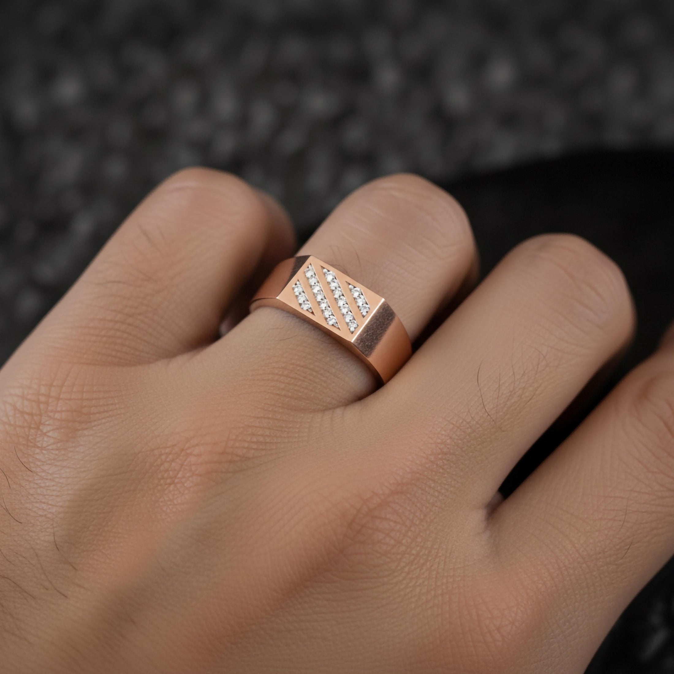 Modern Diamond Band Ring – 925 Silver, Gold & Rose Gold Mens Ring, Minimalist Pavé Diagonal Design
