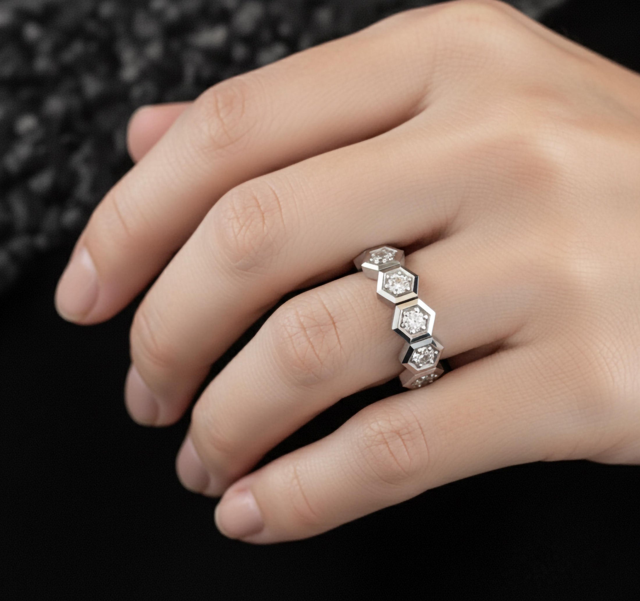 Honeycomb Eternity Ring – 925 Silver or Solid Gold Hexagon Band, Geometric Diamond Ring for Men & Women