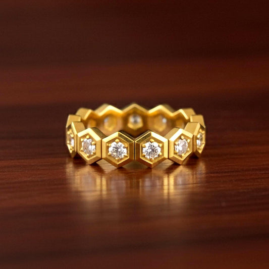 Honeycomb Eternity Ring – 925 Silver or Solid Gold Hexagon Band, Geometric Diamond Ring for Men & Women