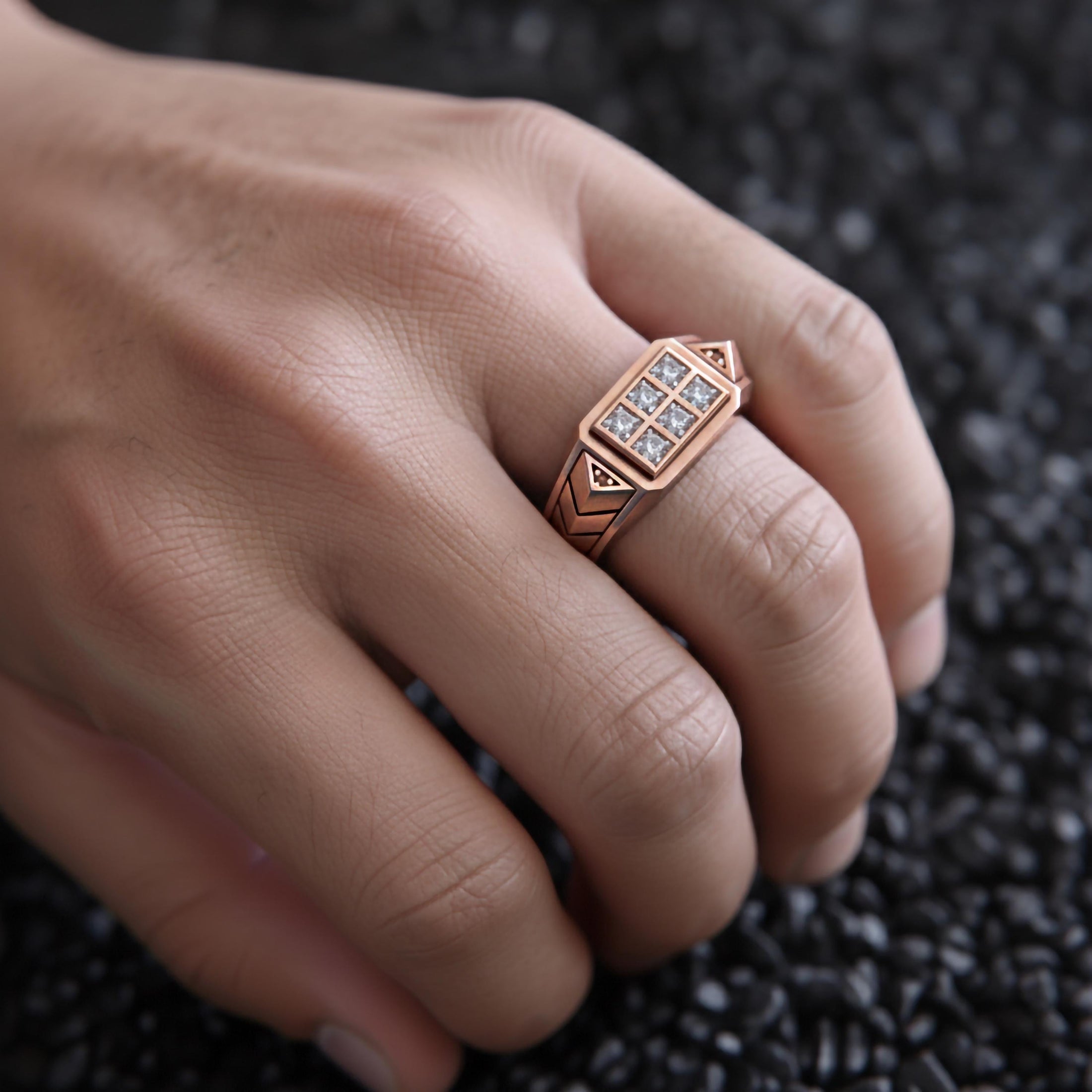 Geometric Six-Stone Ring – 925 Sterling Silver, Modern Square Cut Signet, Unisex Minimalist Jewelry