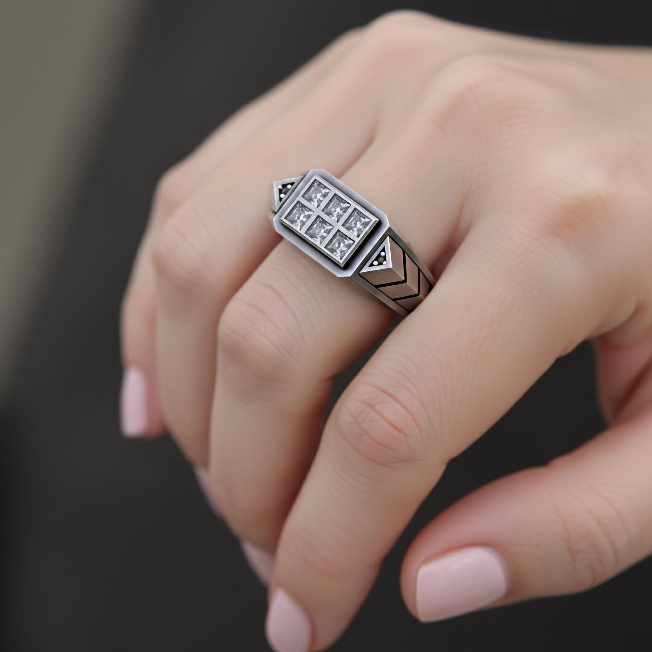 Geometric Six-Stone Ring – 925 Sterling Silver, Modern Square Cut Signet, Unisex Minimalist Jewelry