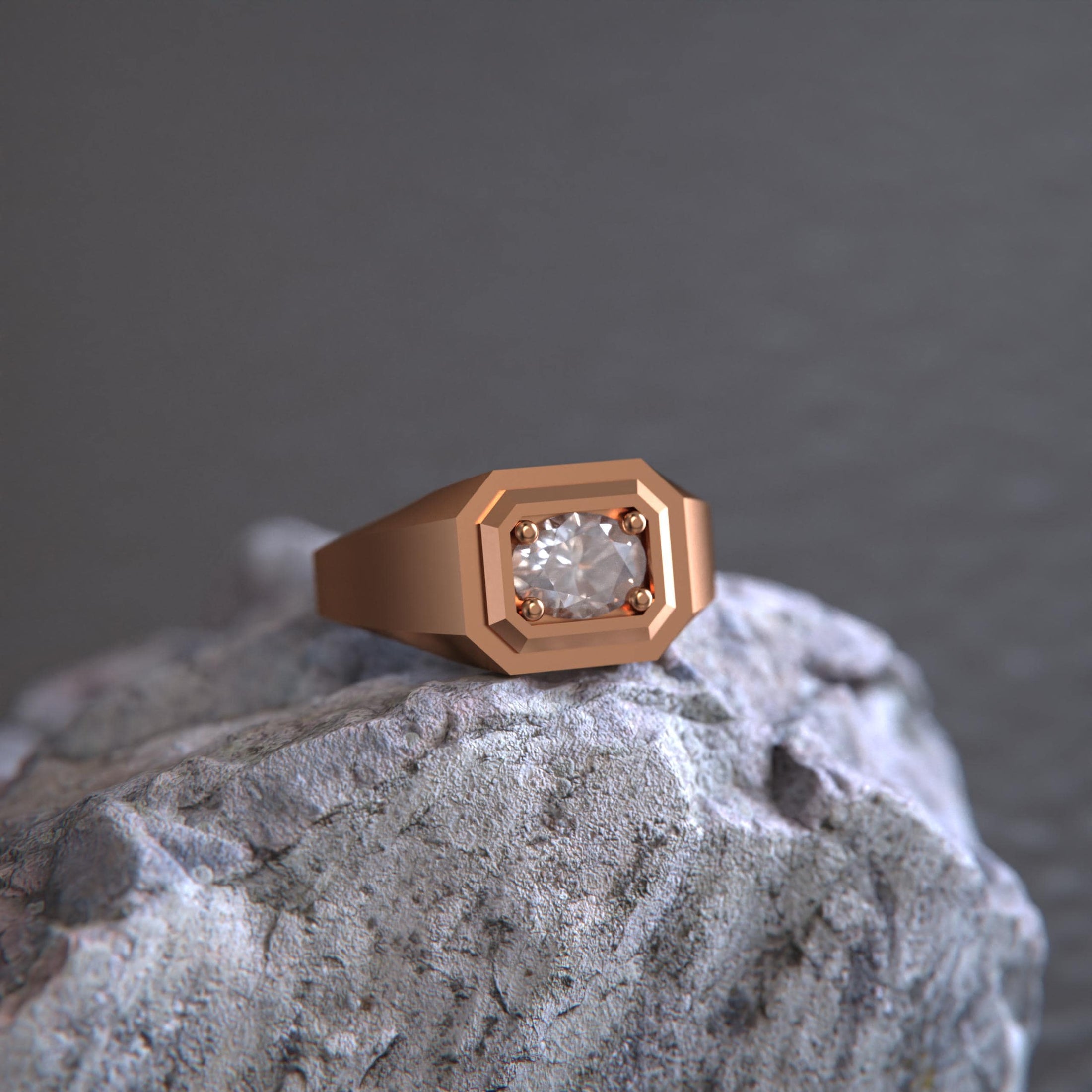 Octagonal Solitaire Ring – 925 Silver or Gold, Modern Men’s Signet with Brilliant Gemstone, Minimalist Jewelry