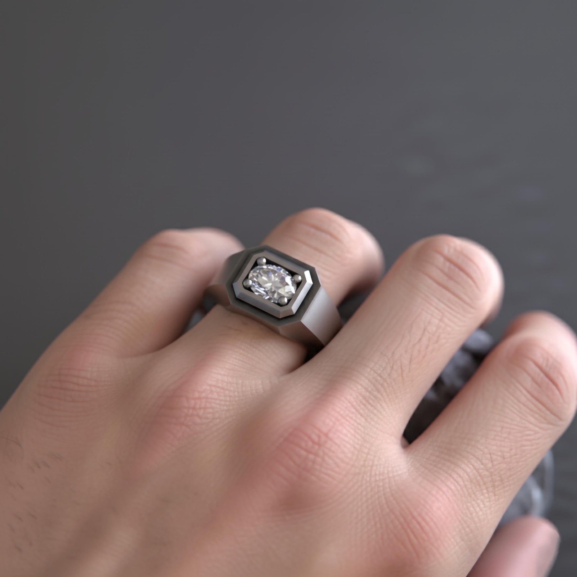 Octagonal Solitaire Ring – 925 Silver or Gold, Modern Men’s Signet with Brilliant Gemstone, Minimalist Jewelry