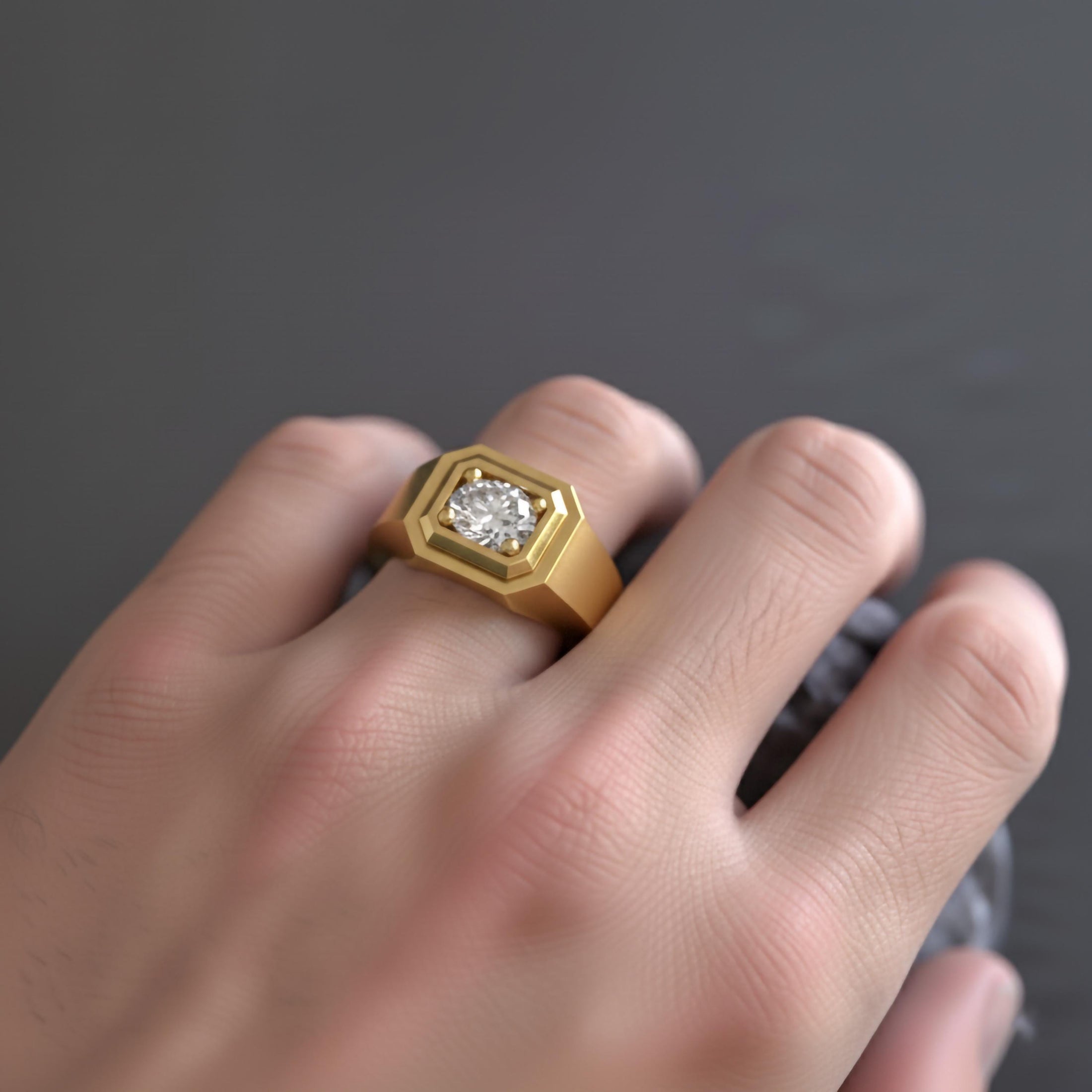 Octagonal Solitaire Ring – 925 Silver or Gold, Modern Men’s Signet with Brilliant Gemstone, Minimalist Jewelry