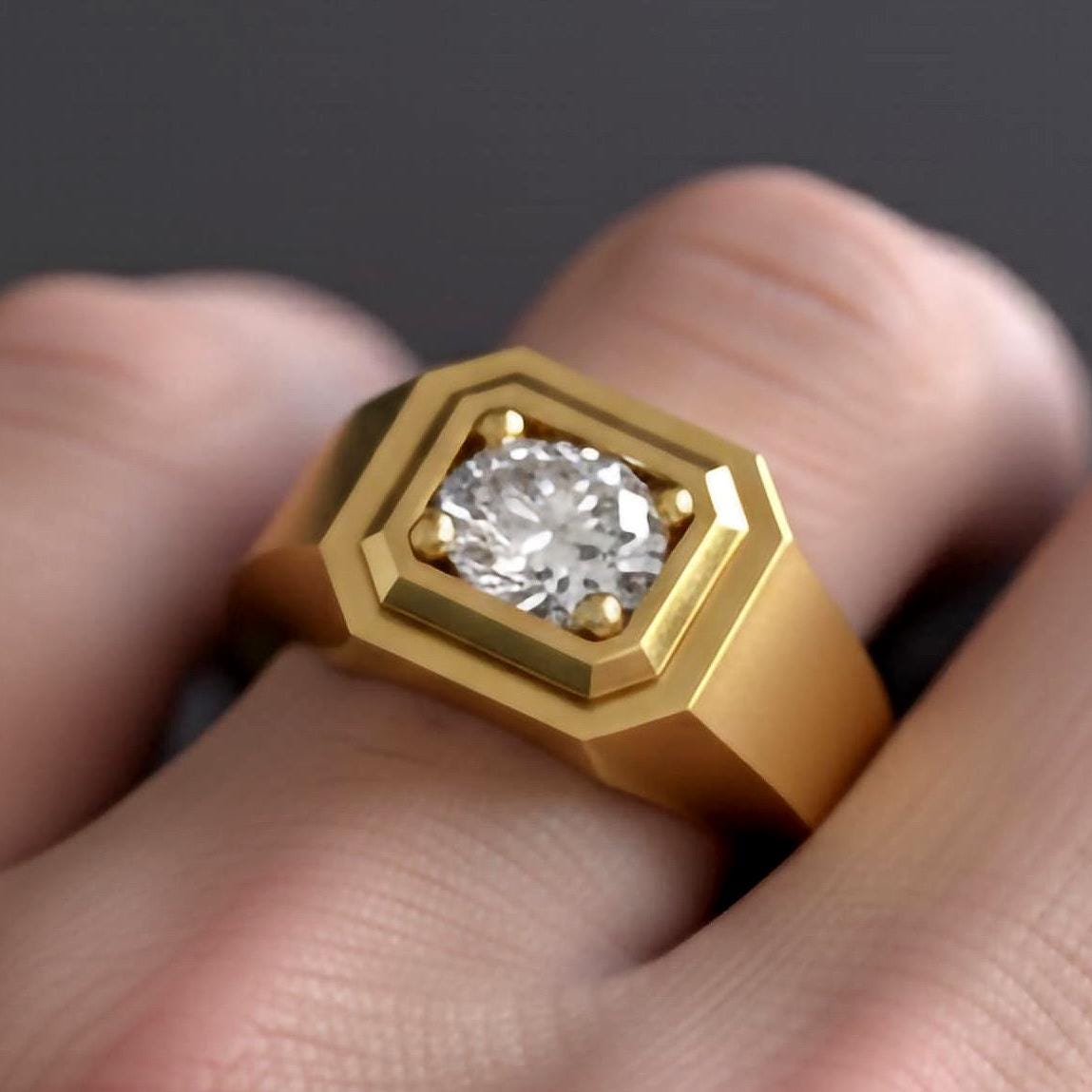 Octagonal Solitaire Ring – 925 Silver or Gold, Modern Men’s Signet with Brilliant Gemstone, Minimalist Jewelry