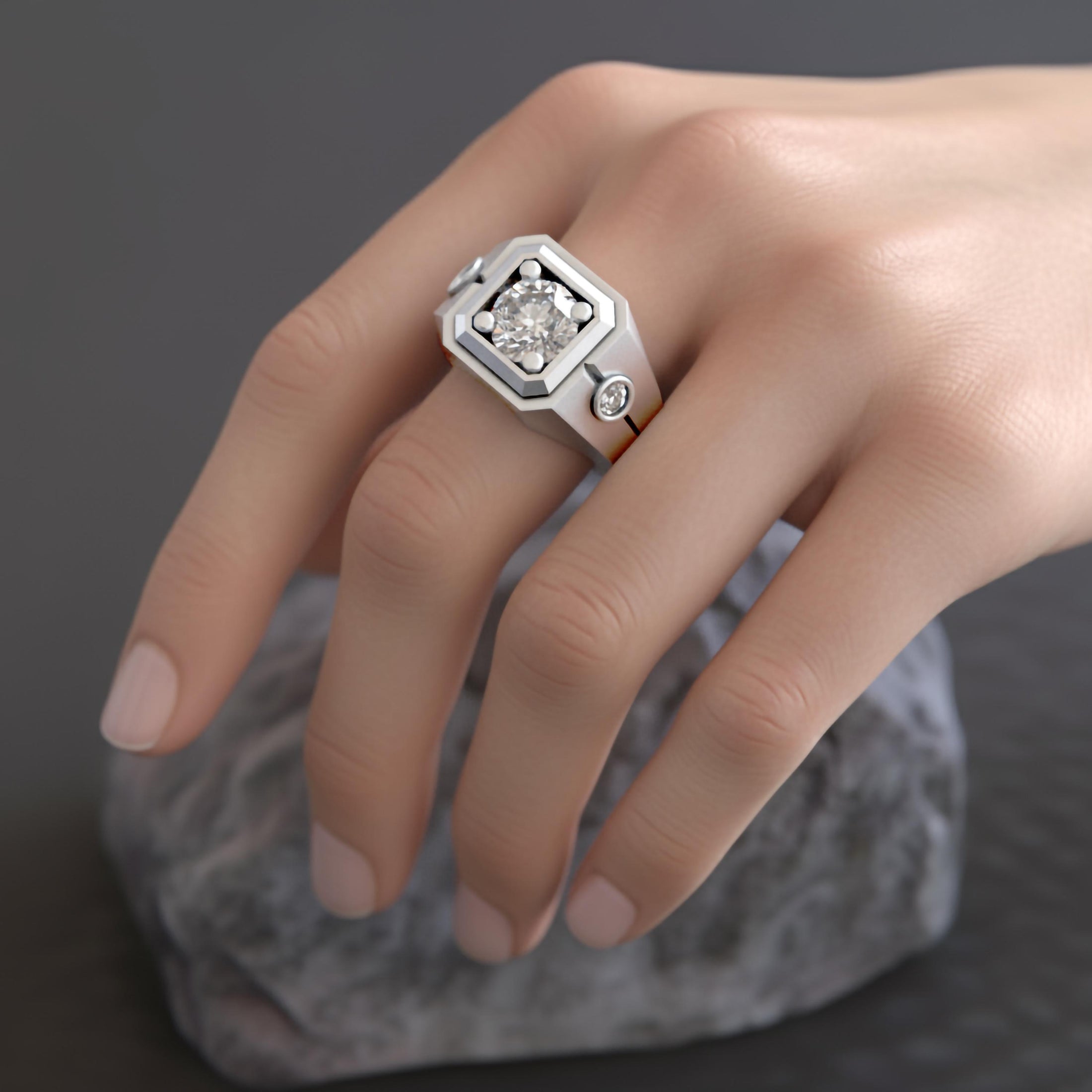 Hexagonal Three-Stone Signet Ring – 925 Silver or Gold, Modern Men’s Geometric Ring with Brilliant Stones