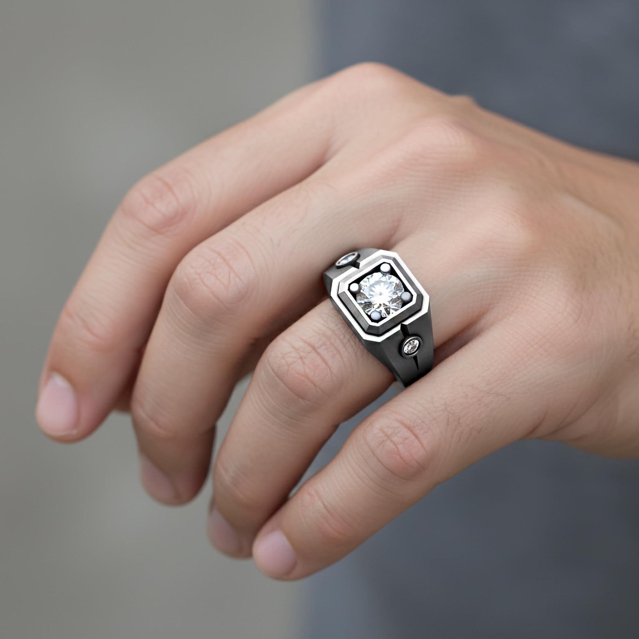 Hexagonal Three-Stone Signet Ring – 925 Silver or Gold, Modern Men’s Geometric Ring with Brilliant Stones