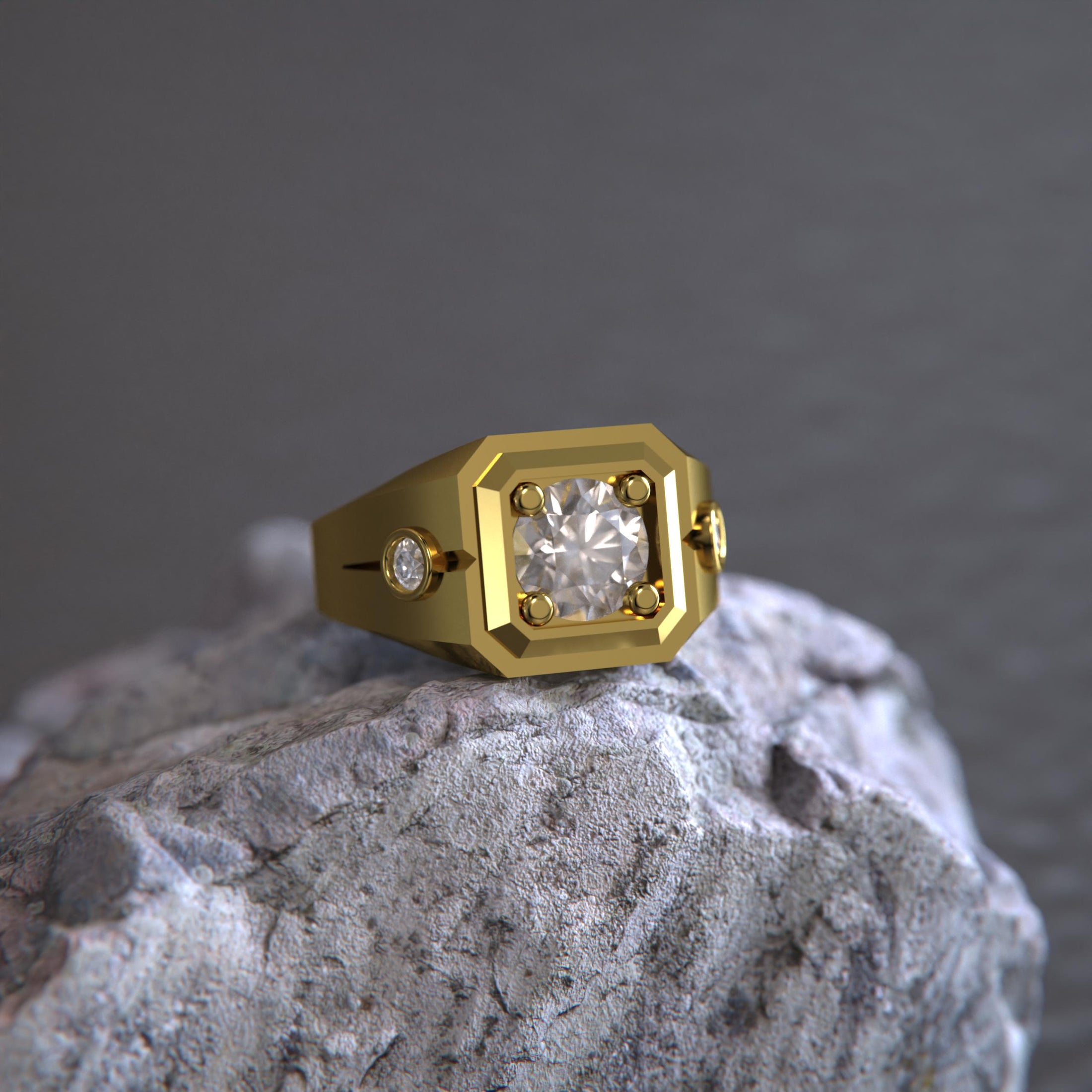 Hexagonal Three-Stone Signet Ring – 925 Silver or Gold, Modern Men’s Geometric Ring with Brilliant Stones