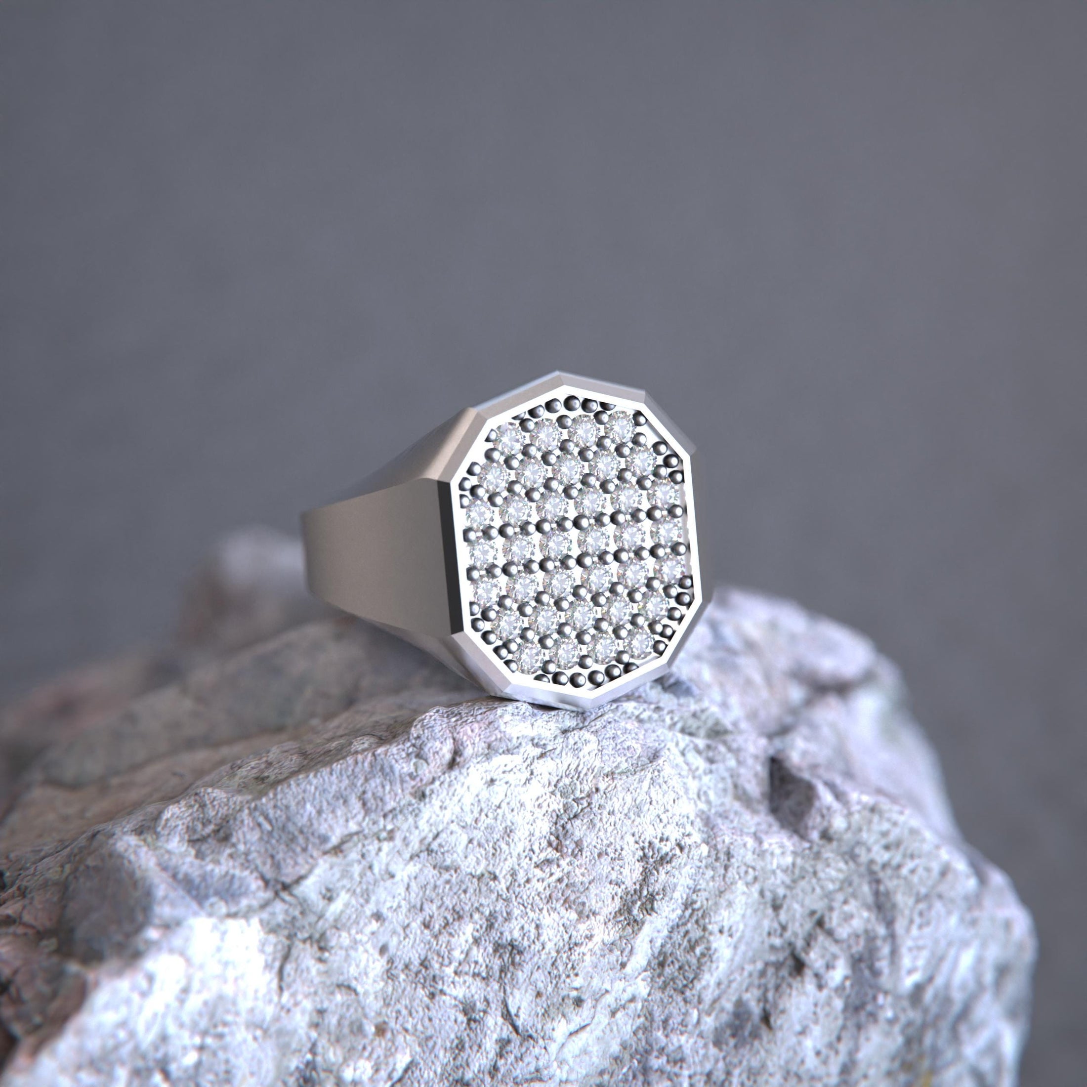 Octagonal Pavé Gold Signet Ring – Solid Gold or 925 Silver, Men’s Luxury Statement Ring, Modern Geometric Jewelry