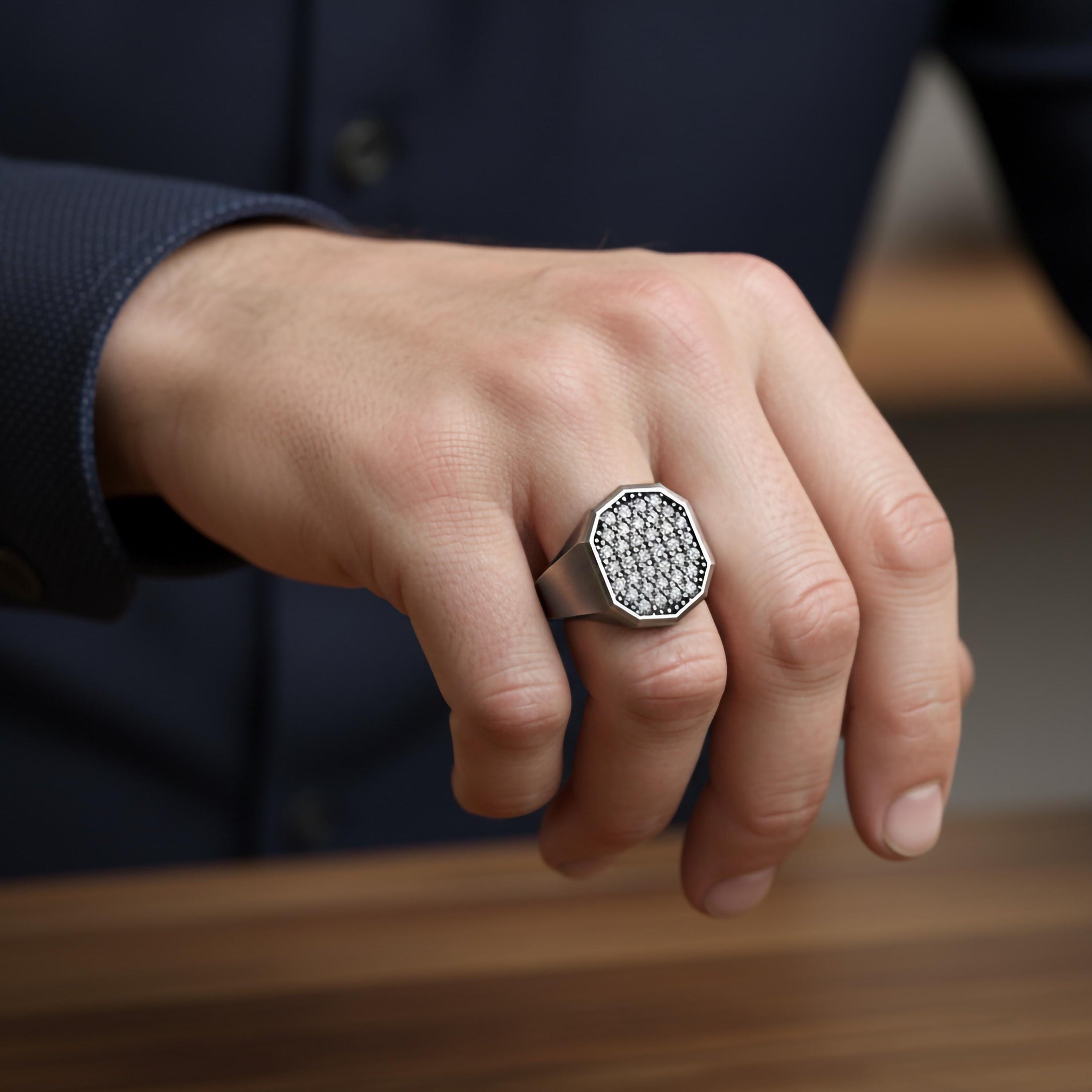 Octagonal Pavé Gold Signet Ring – Solid Gold or 925 Silver, Men’s Luxury Statement Ring, Modern Geometric Jewelry