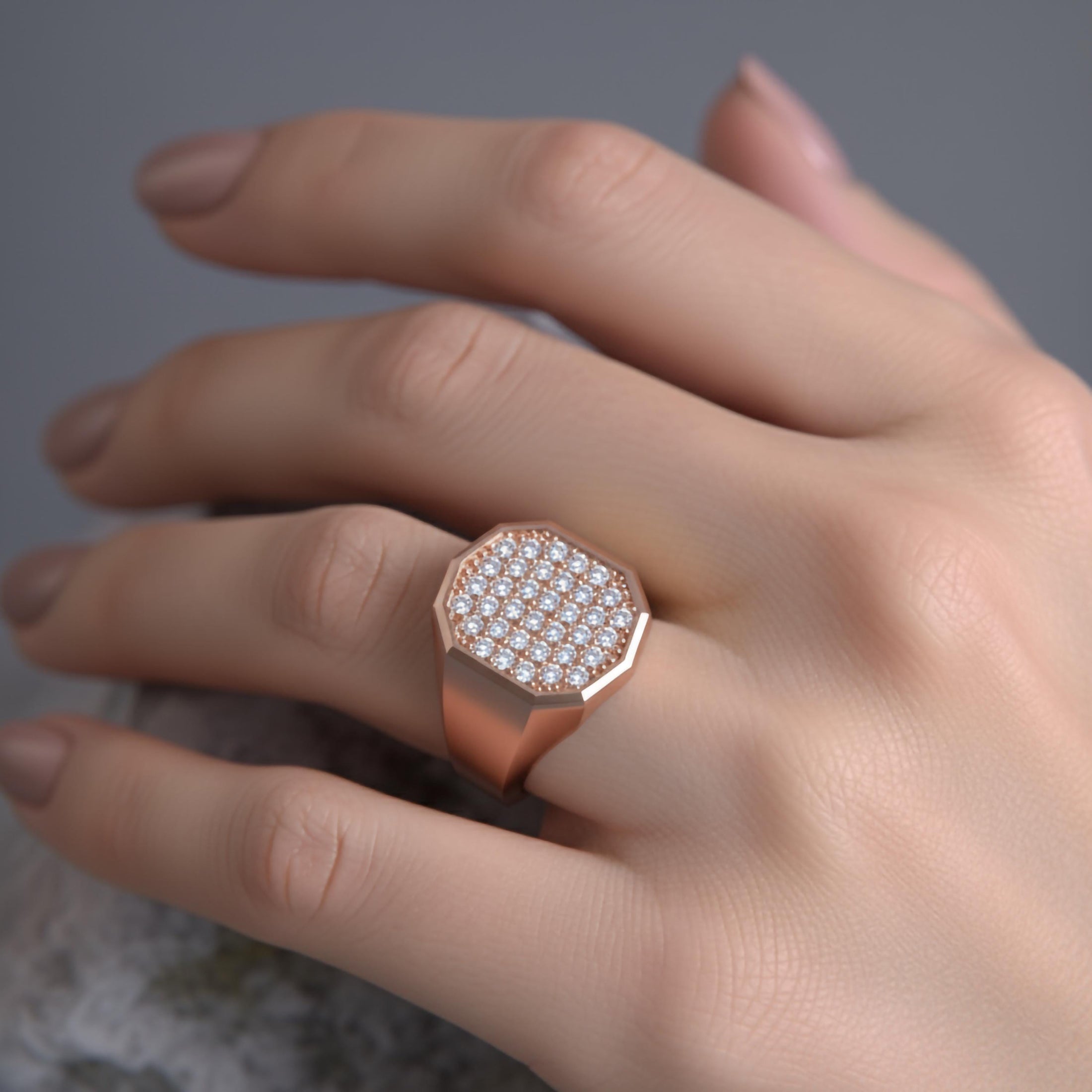 Octagonal Pavé Gold Signet Ring – Solid Gold or 925 Silver, Men’s Luxury Statement Ring, Modern Geometric Jewelry