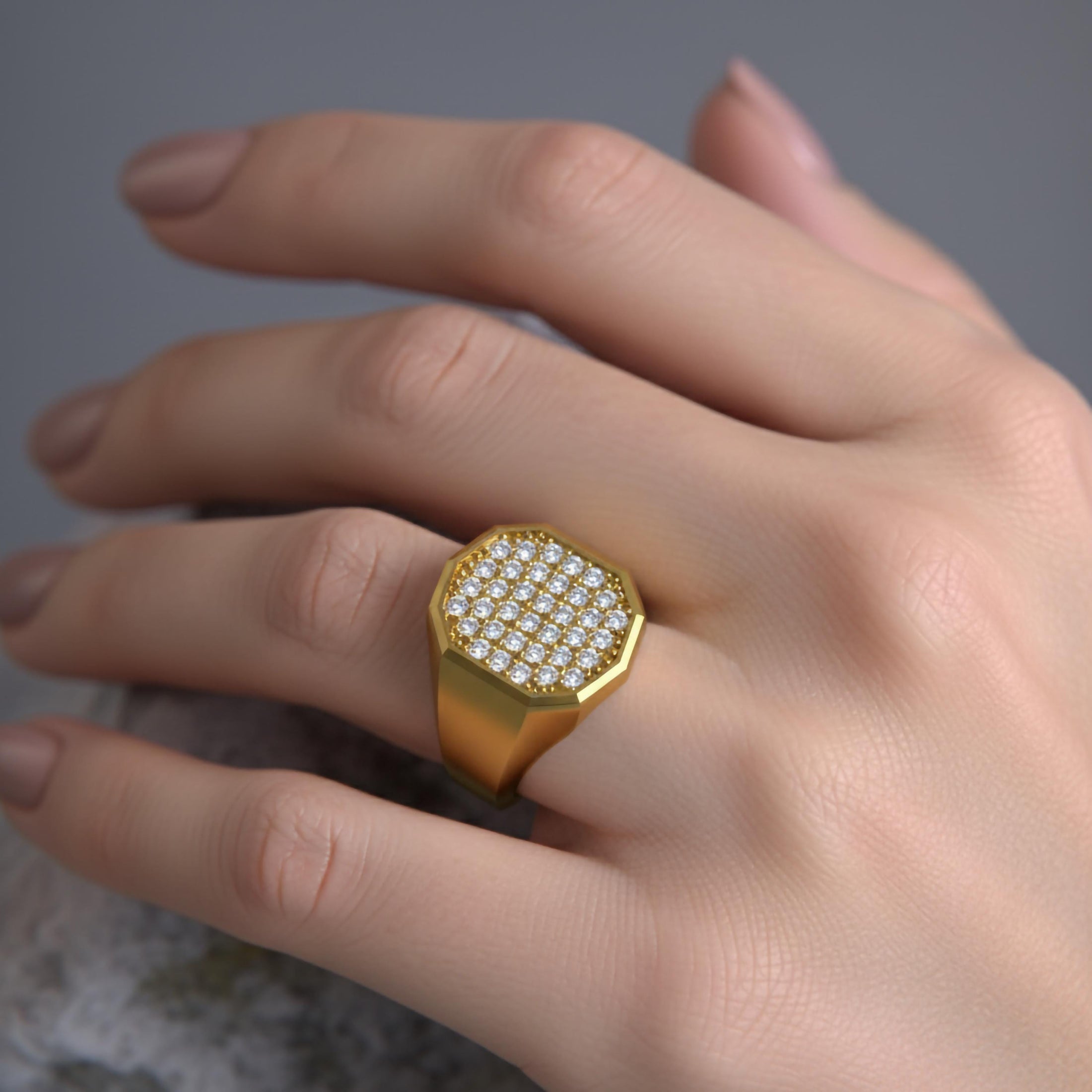 Octagonal Pavé Gold Signet Ring – Solid Gold or 925 Silver, Men’s Luxury Statement Ring, Modern Geometric Jewelry