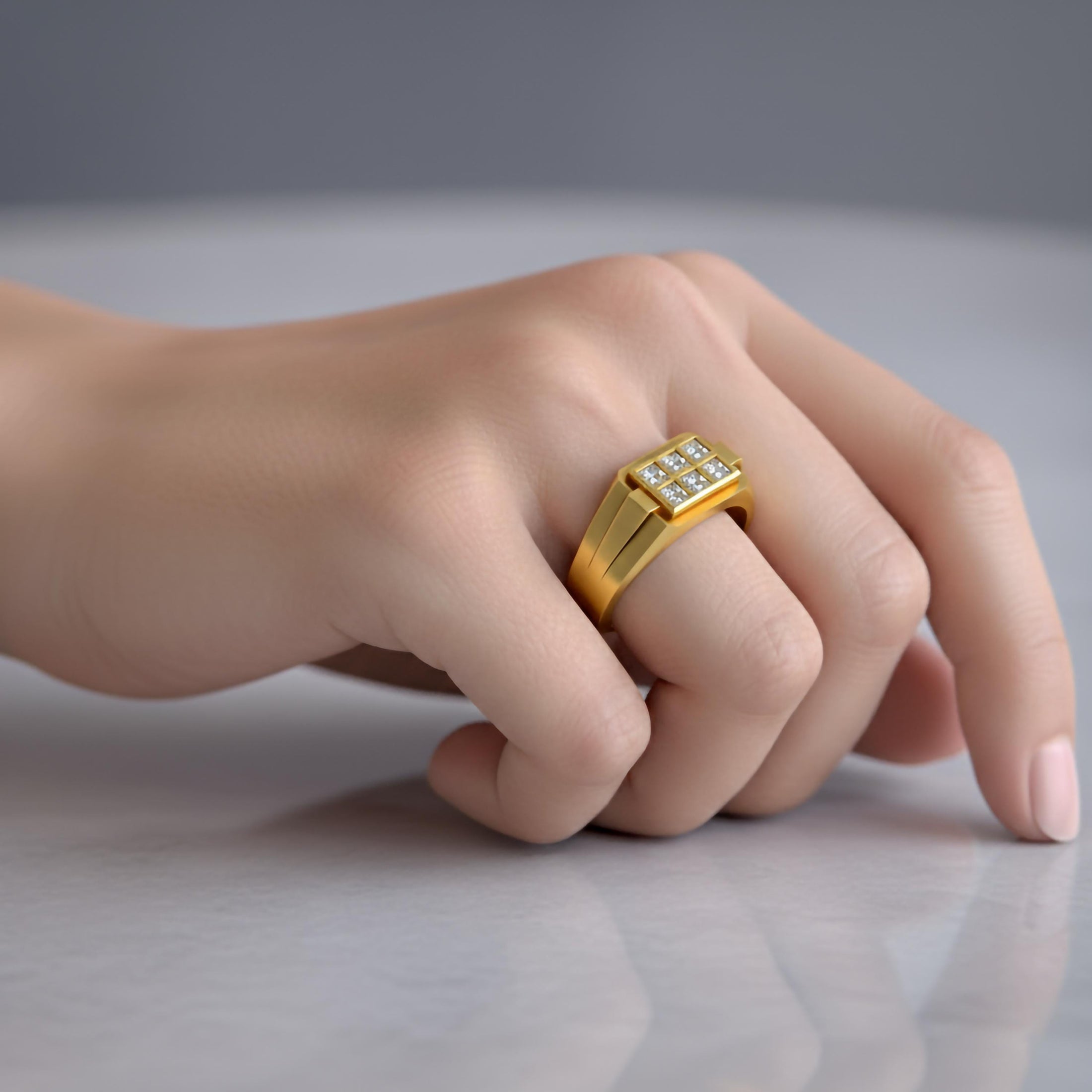 Six-Stone Grid Signet Ring – Solid Gold or 925 Silver, Men’s Modern Geometric Ring, Luxury Statement Jewelry