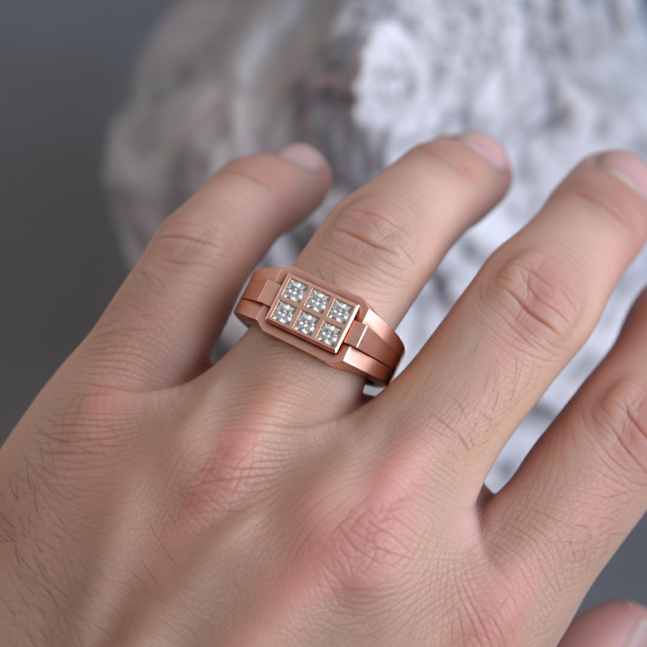 Six-Stone Grid Signet Ring – Solid Gold or 925 Silver, Men’s Modern Geometric Ring, Luxury Statement Jewelry