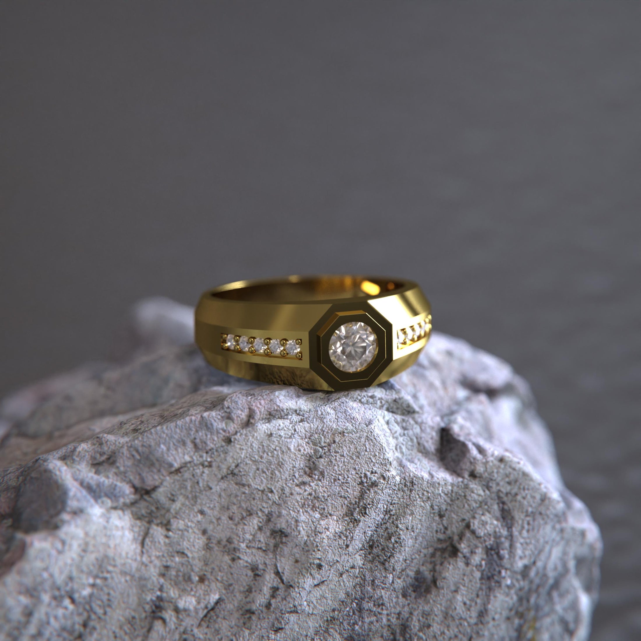 Octagonal Center Stone Ring – 925 Silver or Gold, Men’s Modern Geometric Ring, Luxury Side-Set Diamond Band