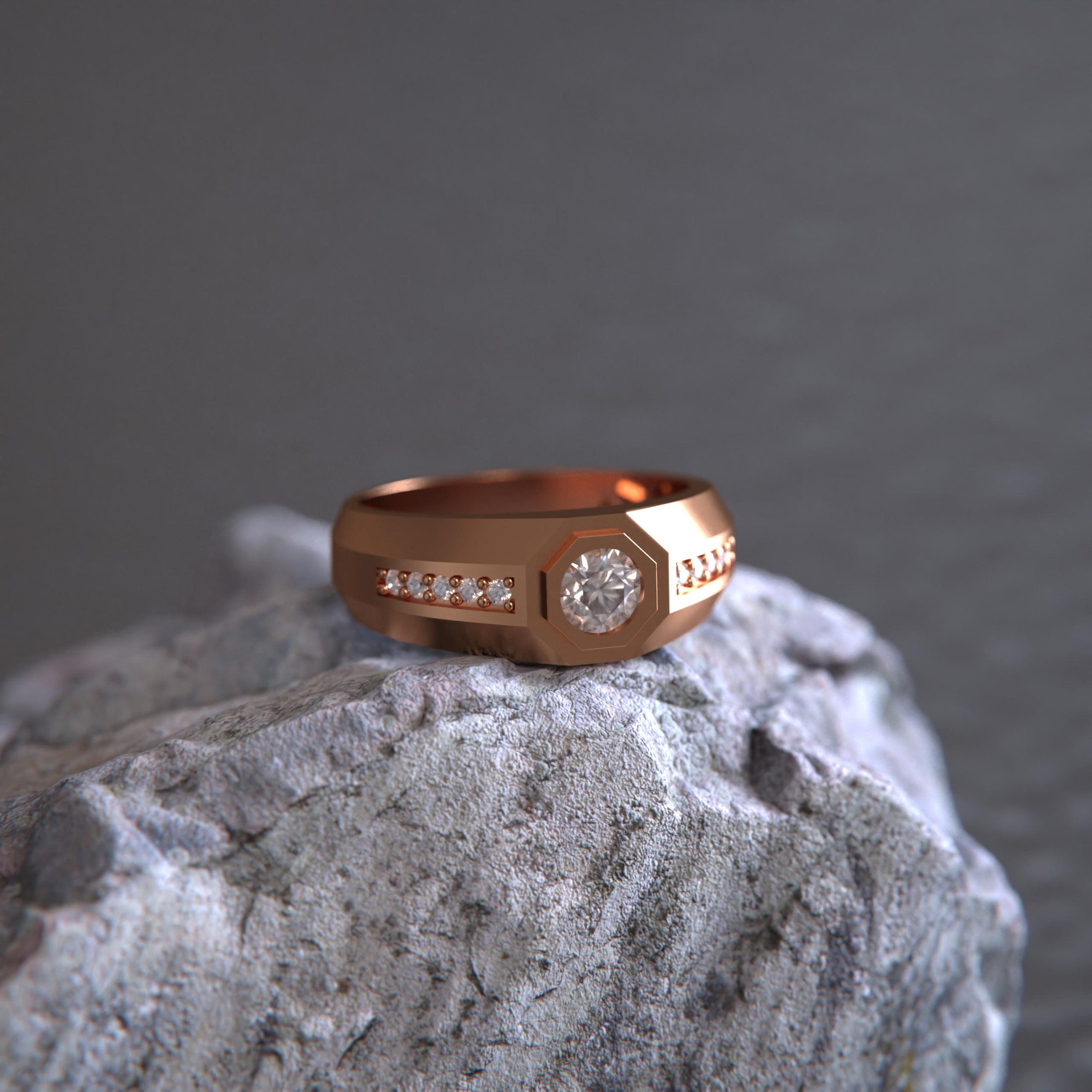 Octagonal Center Stone Ring – 925 Silver or Gold, Men’s Modern Geometric Ring, Luxury Side-Set Diamond Band