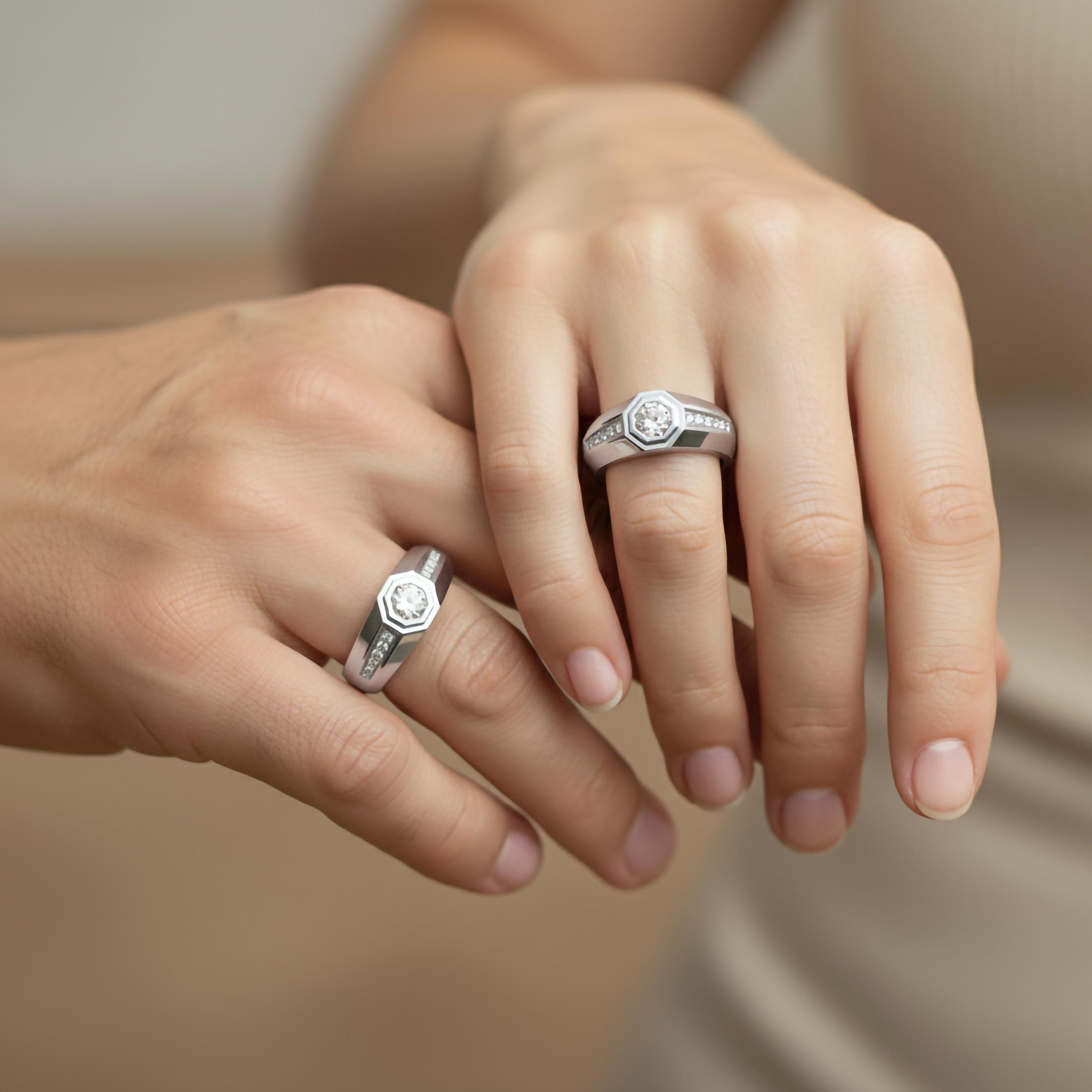 Octagonal Center Stone Ring – 925 Silver or Gold, Men’s Modern Geometric Ring, Luxury Side-Set Diamond Band