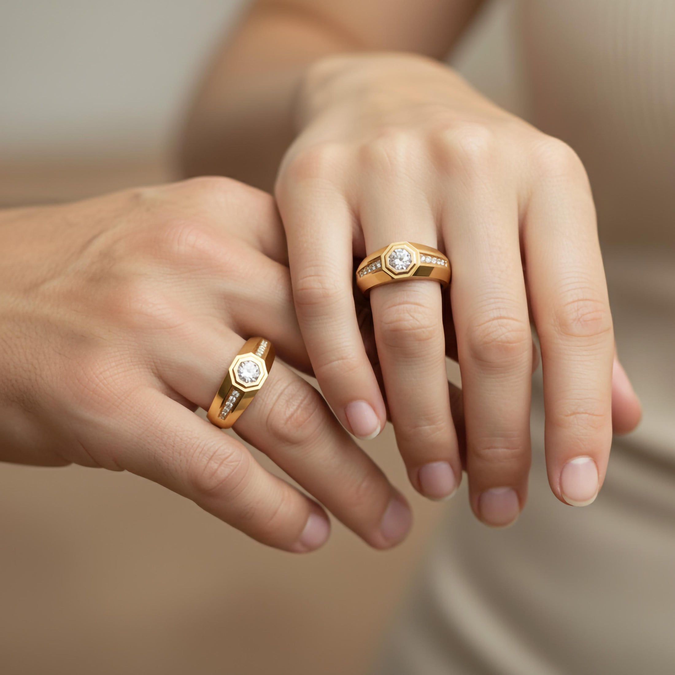 Octagonal Center Stone Ring – 925 Silver or Gold, Men’s Modern Geometric Ring, Luxury Side-Set Diamond Band