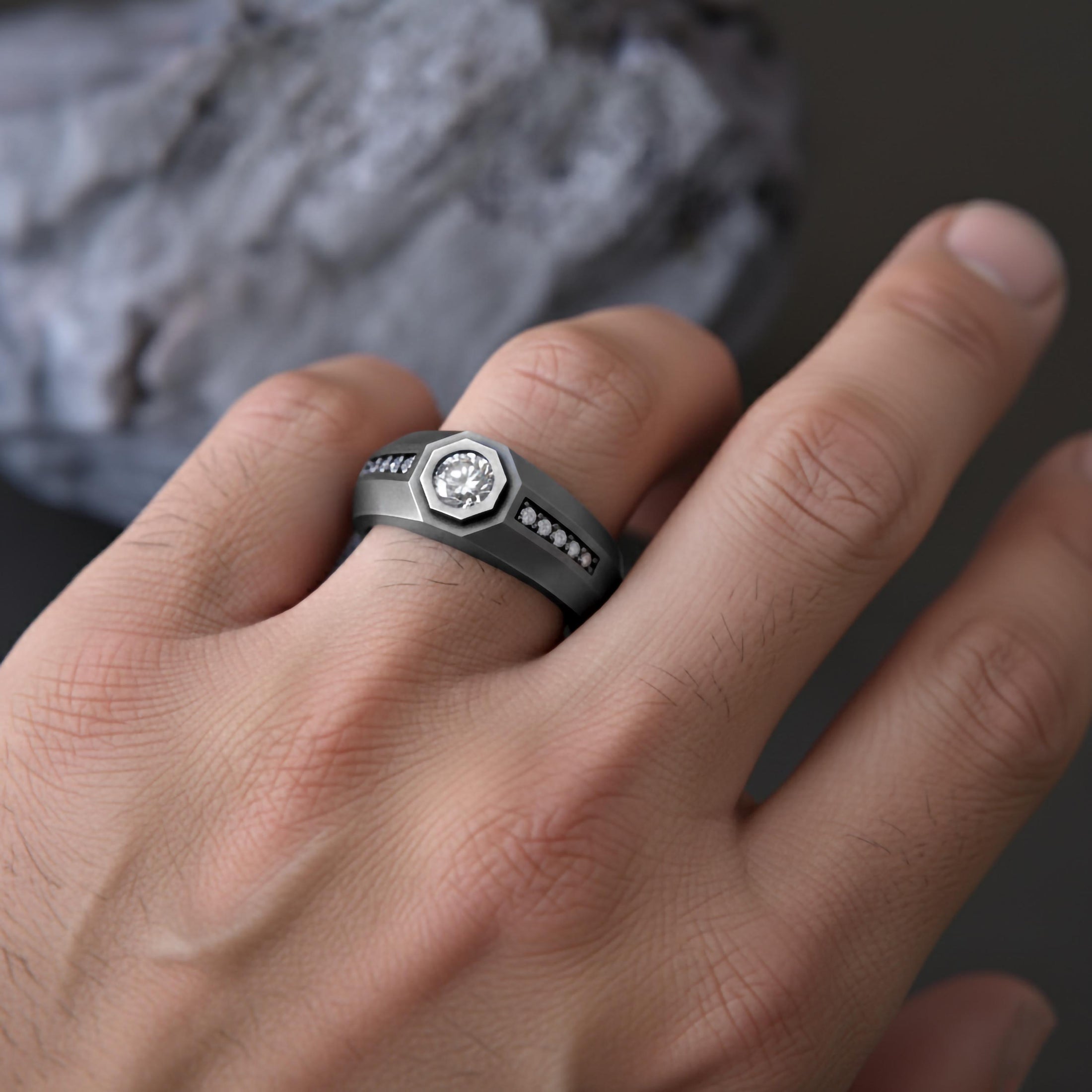 Octagonal Center Stone Ring – 925 Silver or Gold, Men’s Modern Geometric Ring, Luxury Side-Set Diamond Band