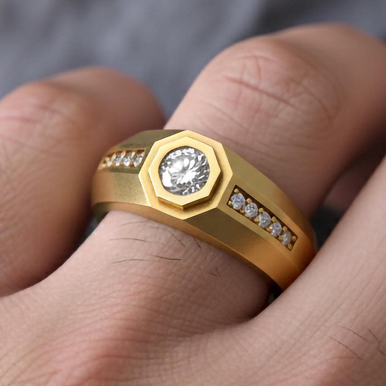 Octagonal Center Stone Ring – 925 Silver or Gold, Men’s Modern Geometric Ring, Luxury Side-Set Diamond Band