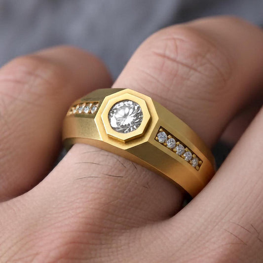 Octagonal Center Stone Ring – 925 Silver or Gold, Men’s Modern Geometric Ring, Luxury Side-Set Diamond Band