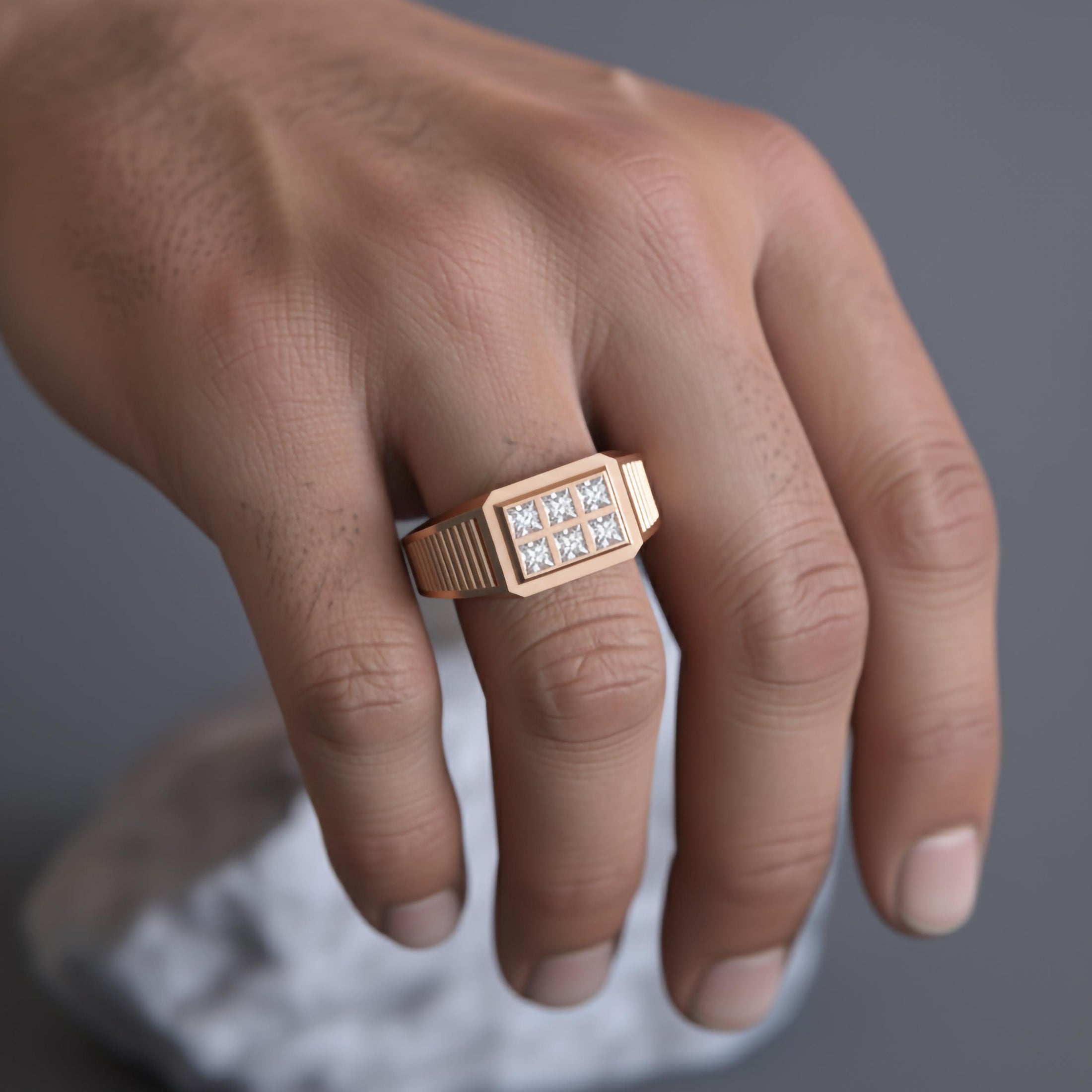 Octagonal Center Stone Ring – 925 Silver or Gold, Men’s Modern Geometric Ring, Luxury Side-Set Diamond Band