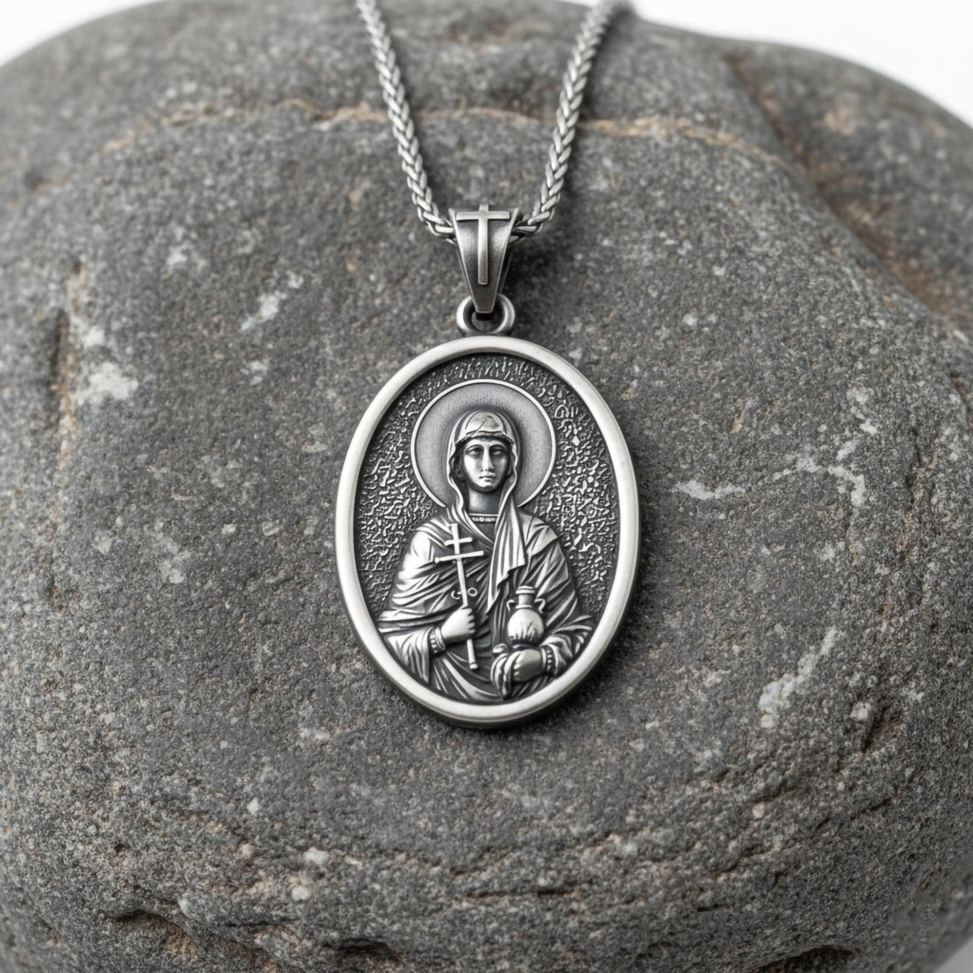 Oval Saint Anastasia Pendant – Sterling Silver Engravable Orthodox Christian Medal