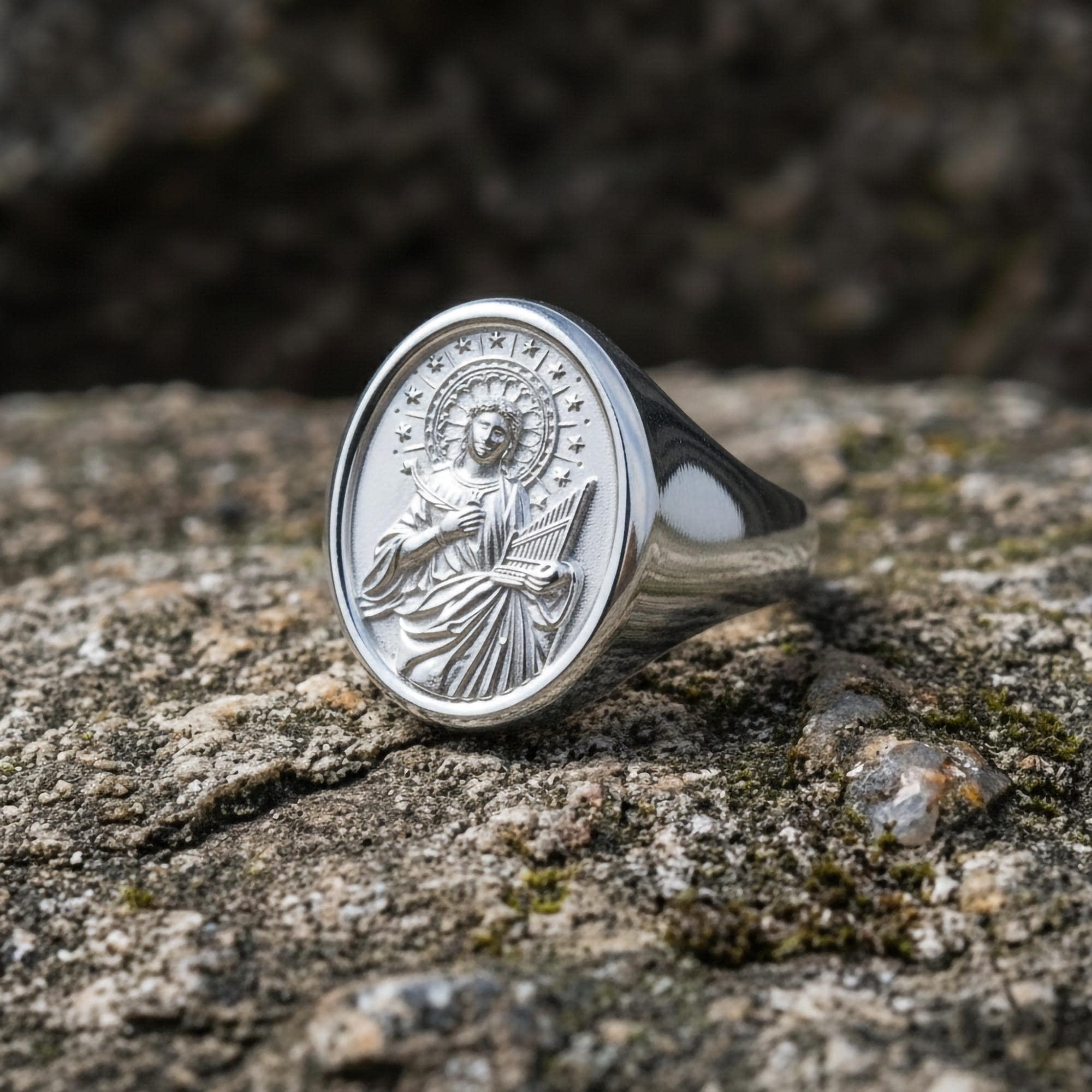 Saint Cecilia Signet Ring Silver – Patron Saint of Music Catholic Jewelry Gift