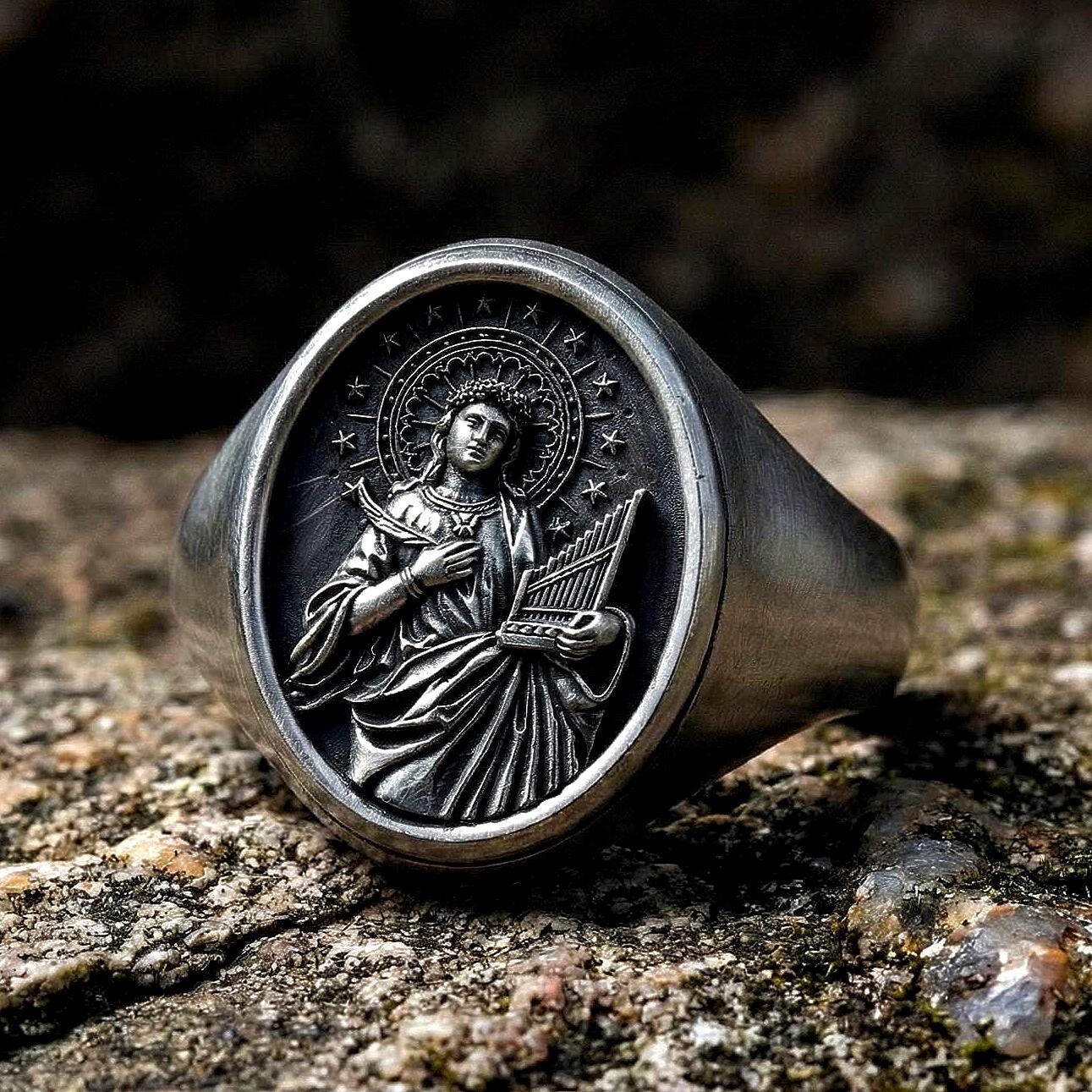 Saint Cecilia Signet Ring Silver – Patron Saint of Music Catholic Jewelry Gift