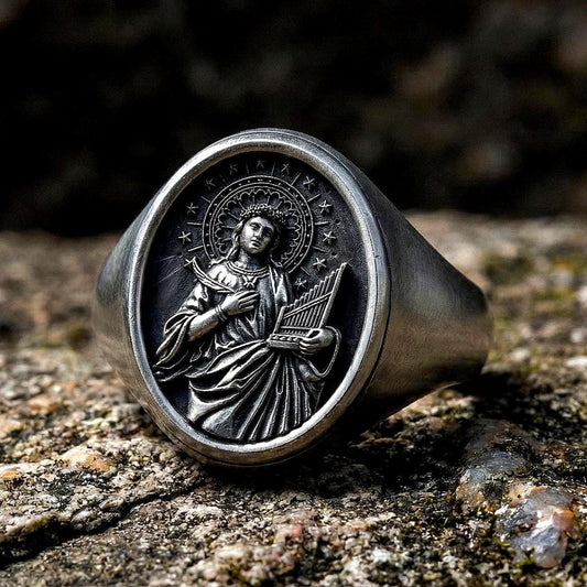 Saint Cecilia Signet Ring Silver – Patron Saint of Music Catholic Jewelry Gift