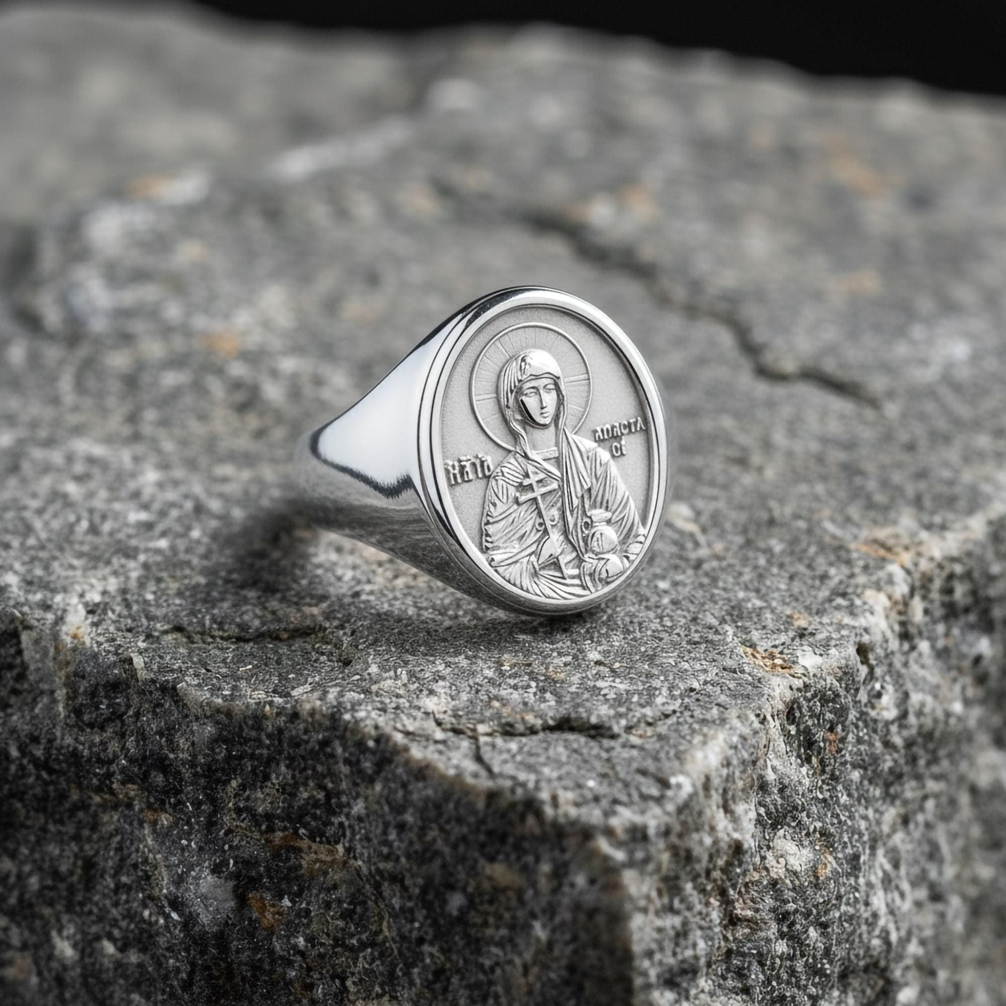 Saint Anastasia Signet Ring – Patron Saint of Healers & Prisoners Gift – Oxidized Silver, Gold Plated