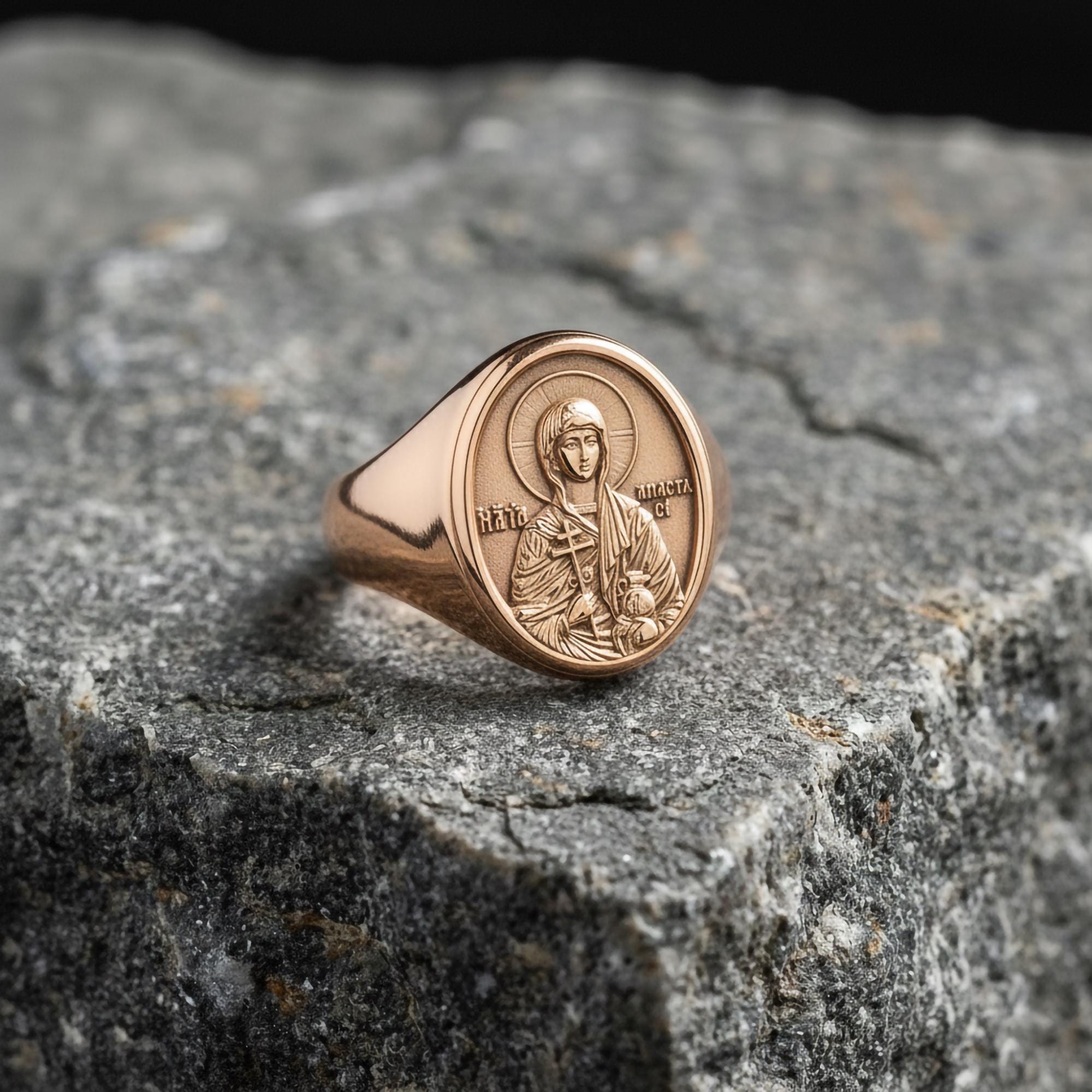 Saint Anastasia Signet Ring – Patron Saint of Healers & Prisoners Gift – Oxidized Silver, Gold Plated
