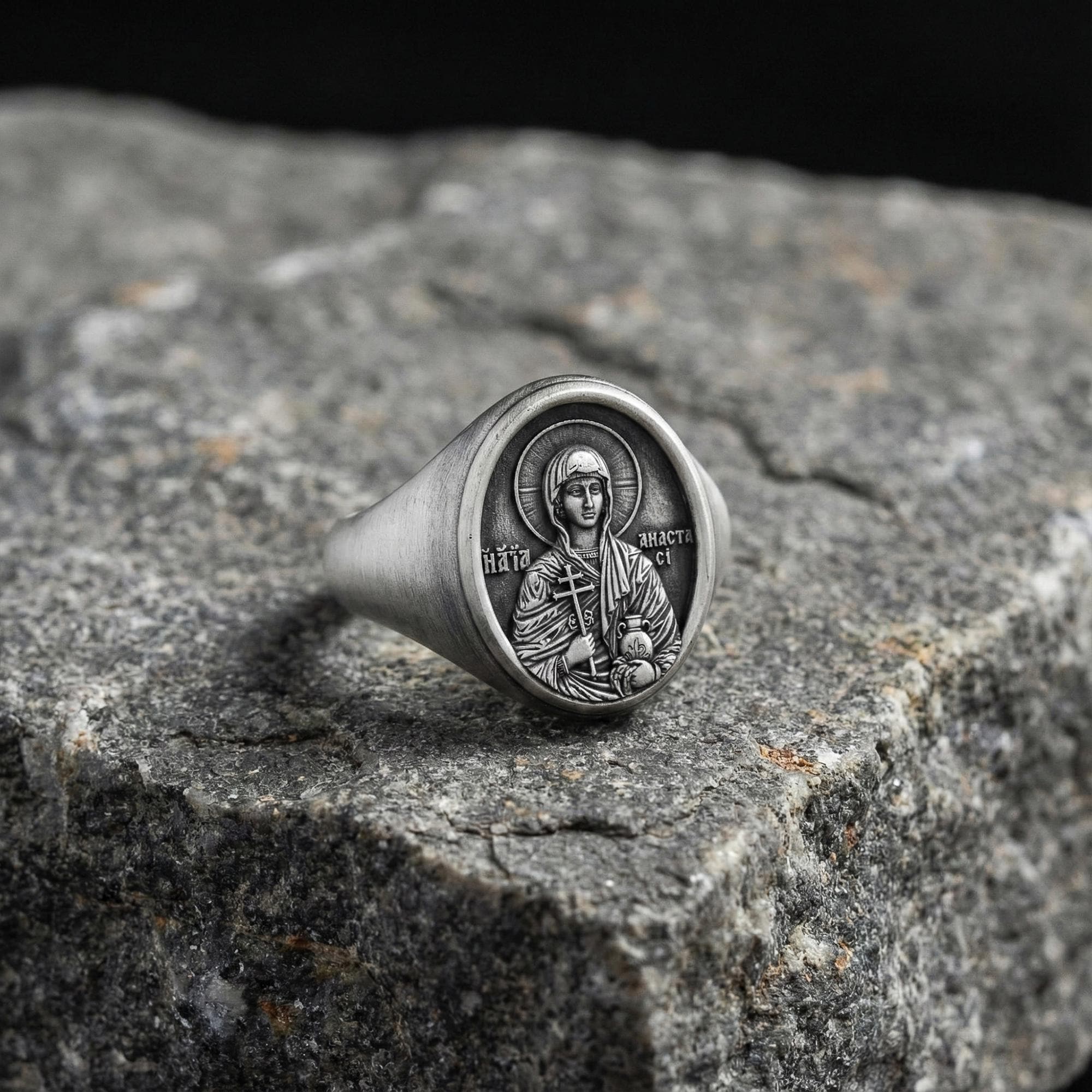 Saint Anastasia Signet Ring – Patron Saint of Healers & Prisoners Gift – Oxidized Silver, Gold Plated