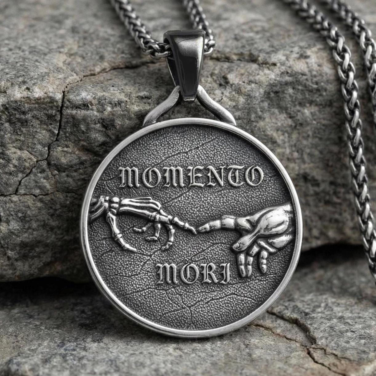 Memento Mori Pendant – Sterling Silver Engravable Symbolic Gothic Necklace