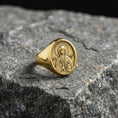 Load image into Gallery viewer, Saint Anastasia Signet Ring – Patron Saint of Healers & Prisoners Gift – Oxidized Silver, Gold Plated
