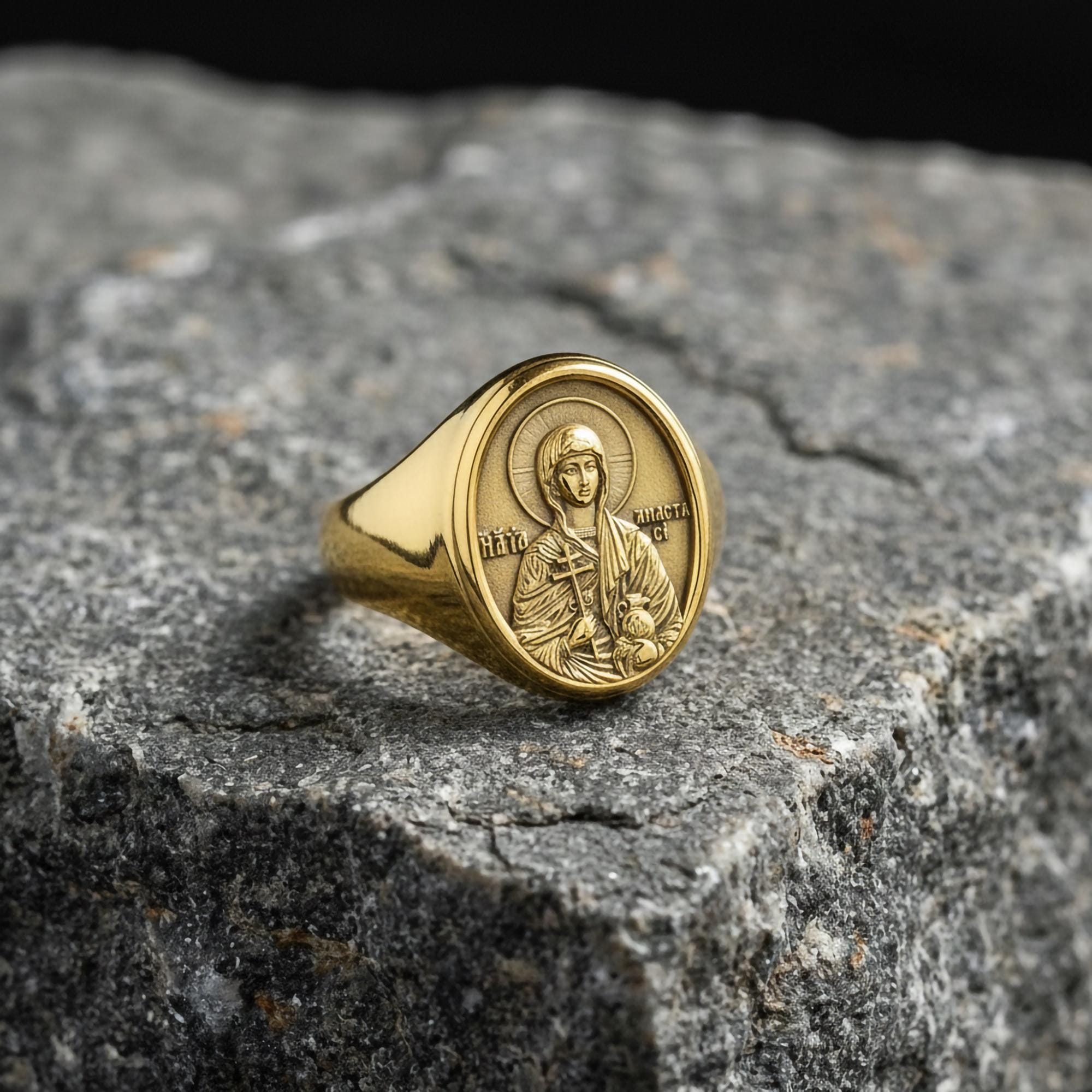 Saint Anastasia Signet Ring – Patron Saint of Healers & Prisoners Gift – Oxidized Silver, Gold Plated