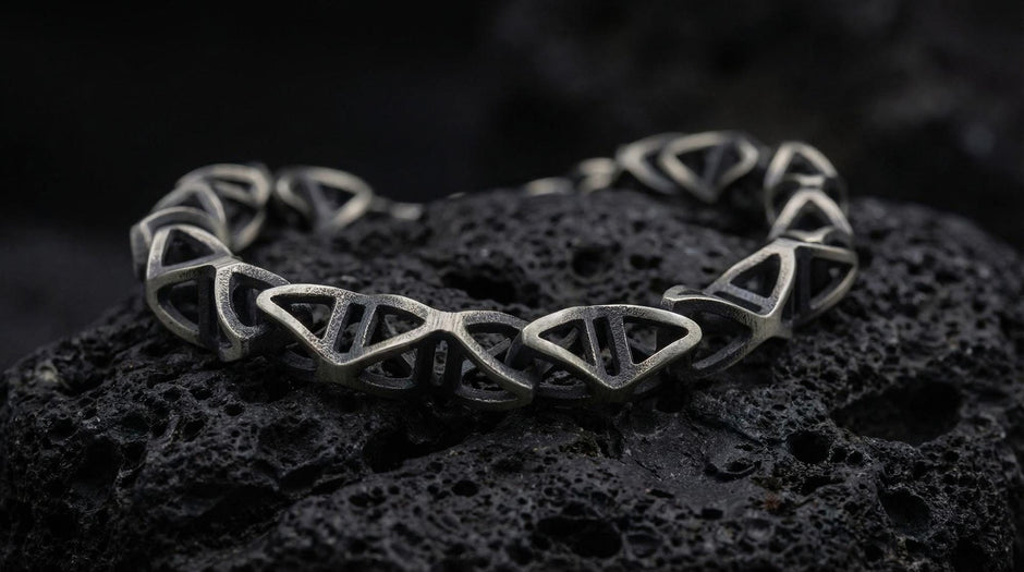 Trigonal DNA Helix bracelet standing on a dark volcanic stone