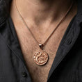 Load image into Gallery viewer, Rose gold plated dragon coin pendant worn on neck symbolic dragon necklace fantasy style
