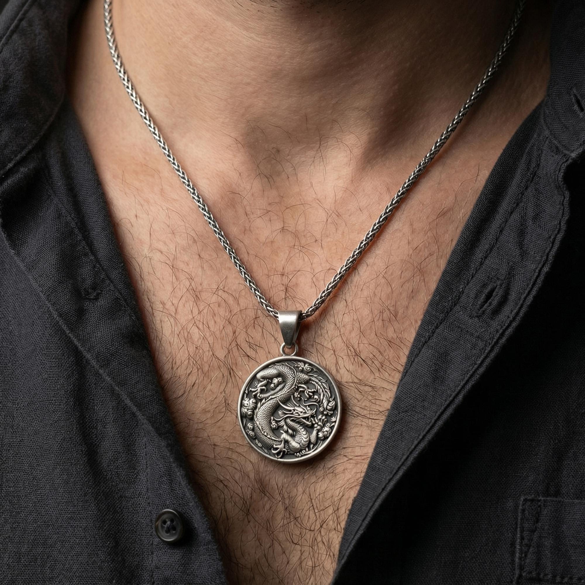 Oxidized silver dragon medallion pendant worn on neck dark fantasy dragon necklace for men
