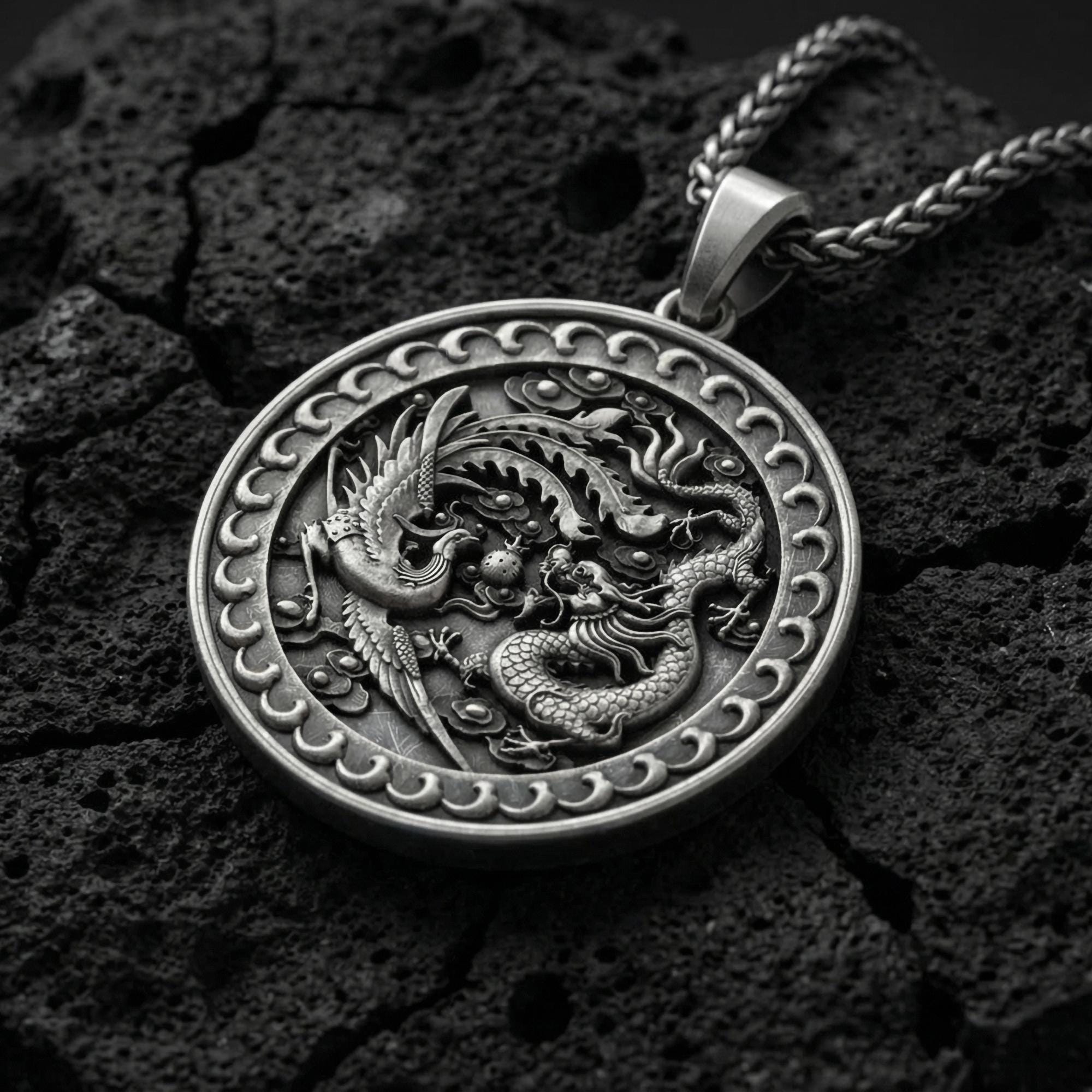 Oxidized dragon and phoenix yin yang pendant necklace on volcanic rock with mythic medallion design