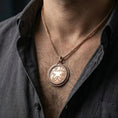 Load image into Gallery viewer, Rose gold plated Zenithar amulet necklace worn on model with minimalist Nordic fantasy style
