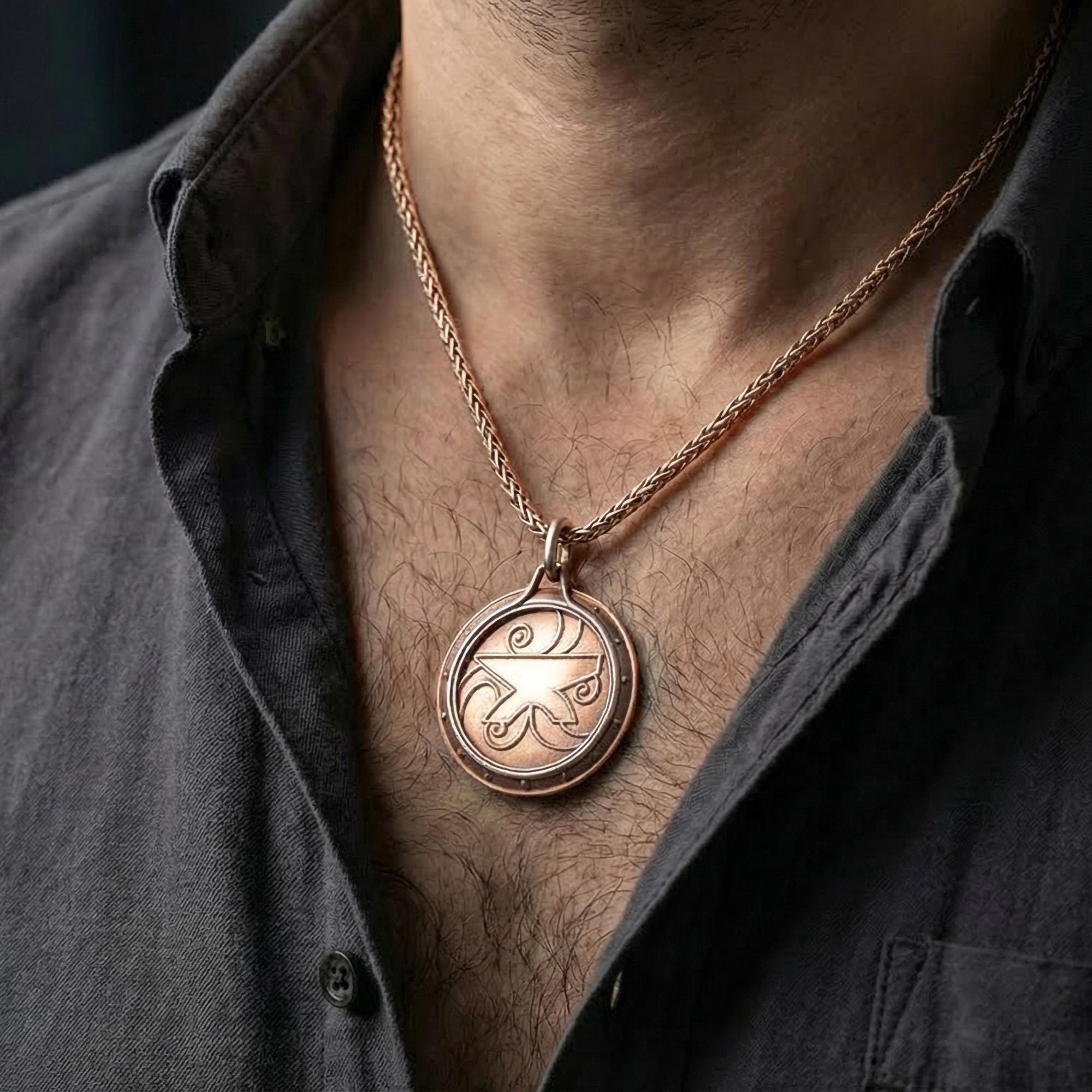 Rose gold plated Zenithar amulet necklace worn on model with minimalist Nordic fantasy style