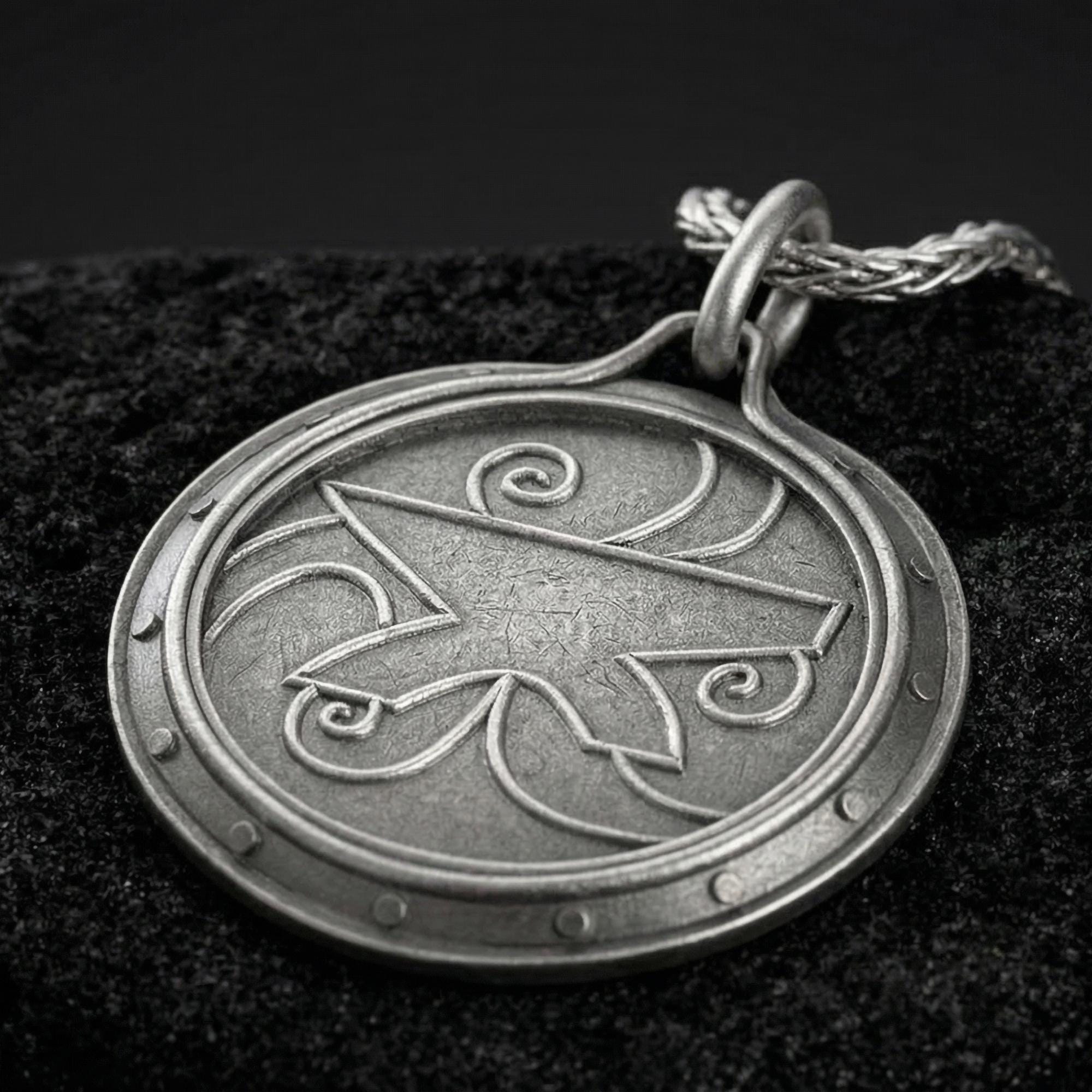 Oxidized Amulet of Zenithar pendant necklace photographed on volcanic rock with engraved Skyrim divine symbol