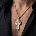 Load image into Gallery viewer, Rose gold plated celtic cross pendant worn on model with medieval inspired style
