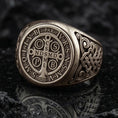 Load image into Gallery viewer, Bronze St Benedict medal ring on porous volcanic stone, Latin inscription cross design, religious protection jewelry
