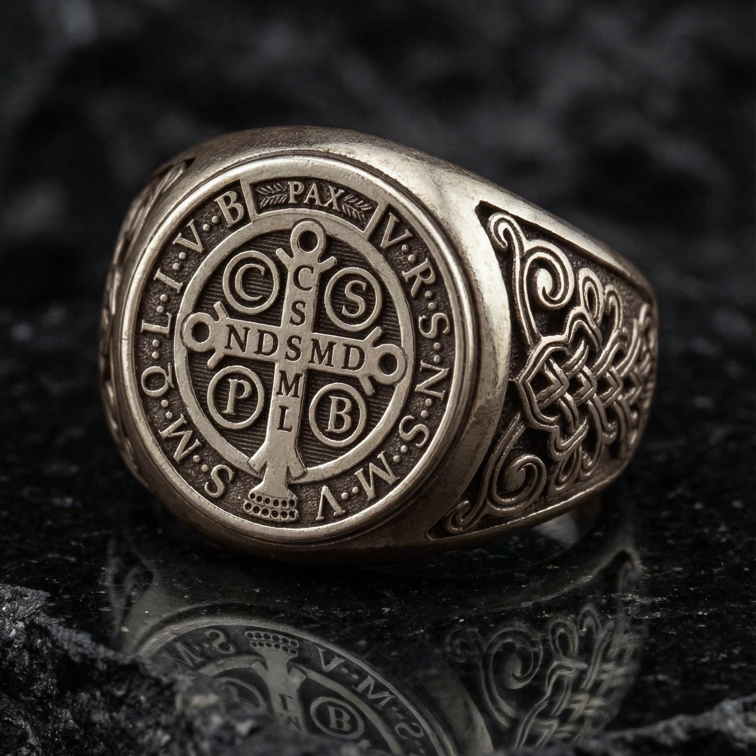 Bronze St Benedict medal ring on porous volcanic stone, Latin inscription cross design, religious protection jewelry